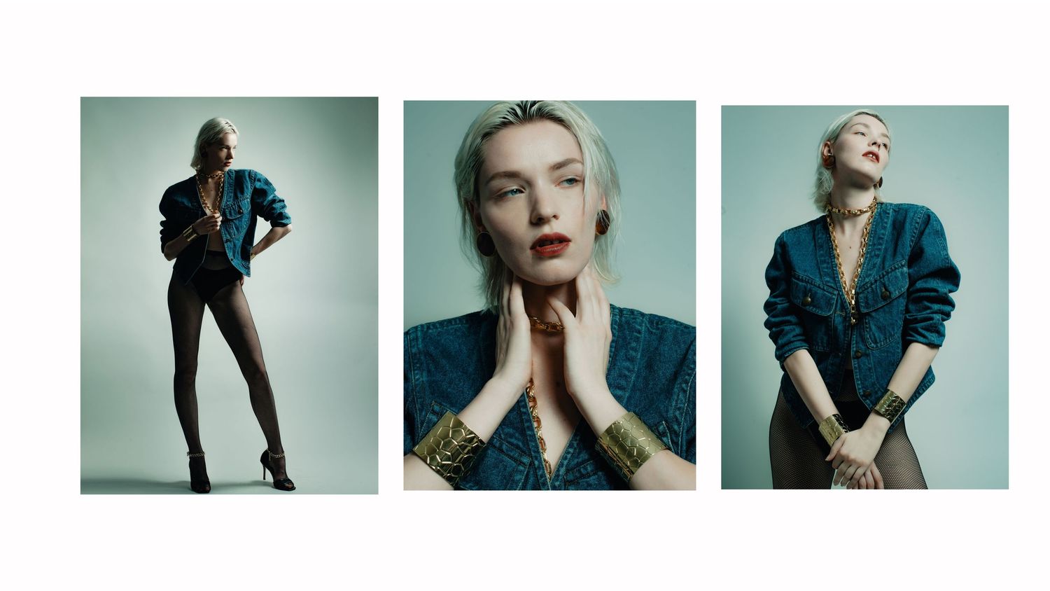 A fashion photo series showing dramatic poses, high fashion styling, and moody lighting against minimal backgrounds.