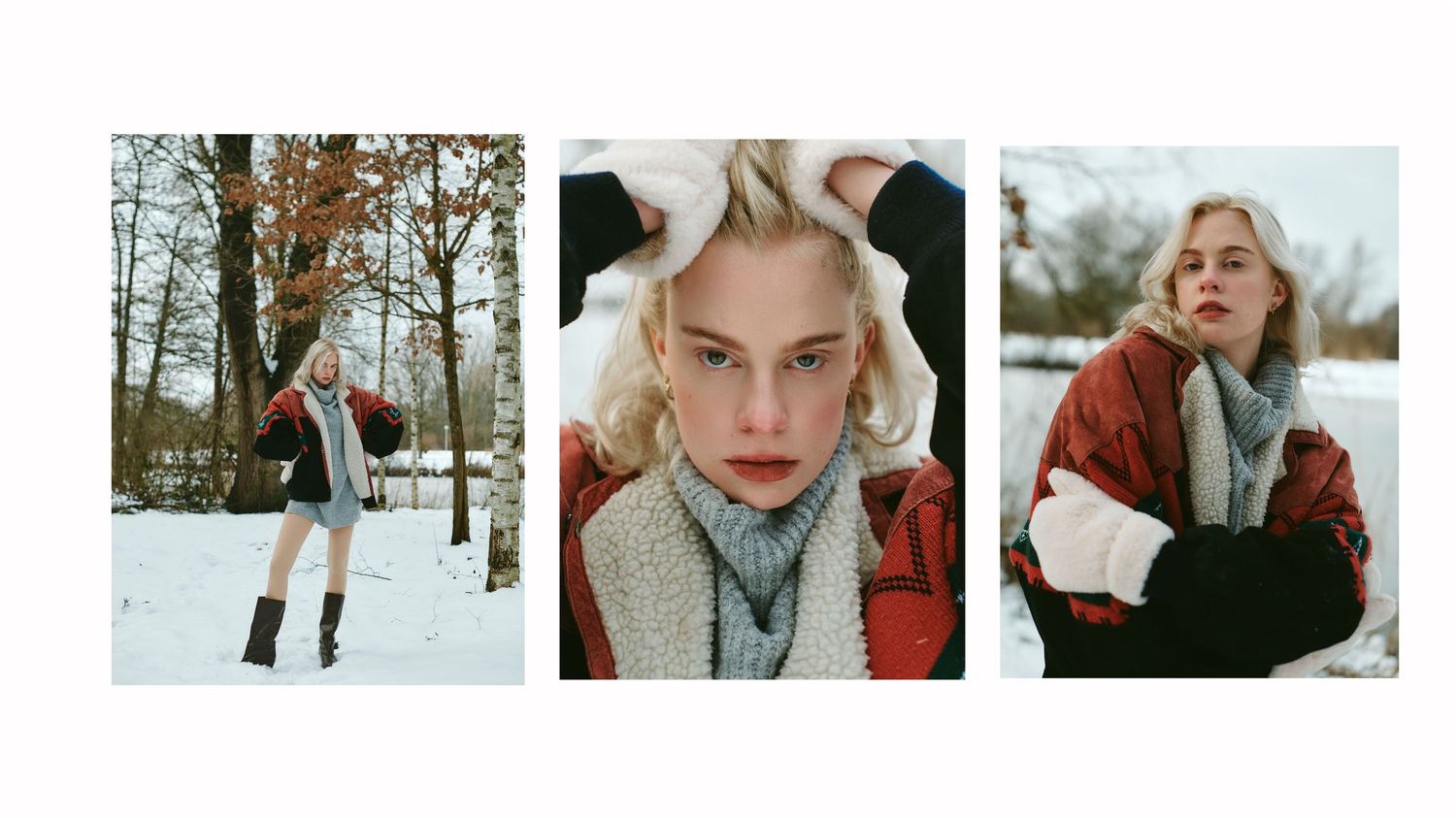 A winter fashion photoshoot featuring cozy outerwear and snowy outdoor settings.