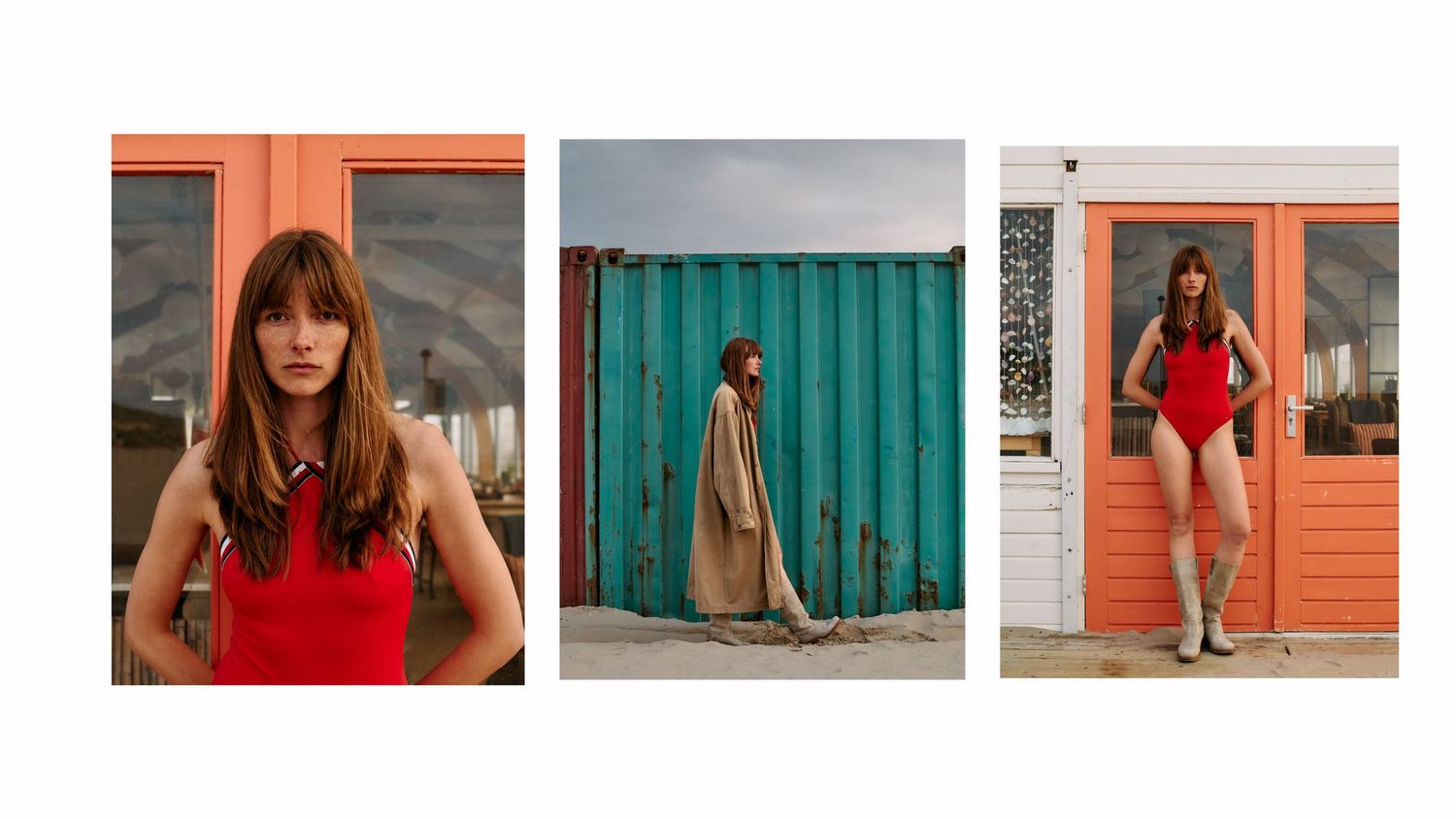 A series of fashion lifestyle photos featuring red and teal colors against urban backdrops and architectural elements.