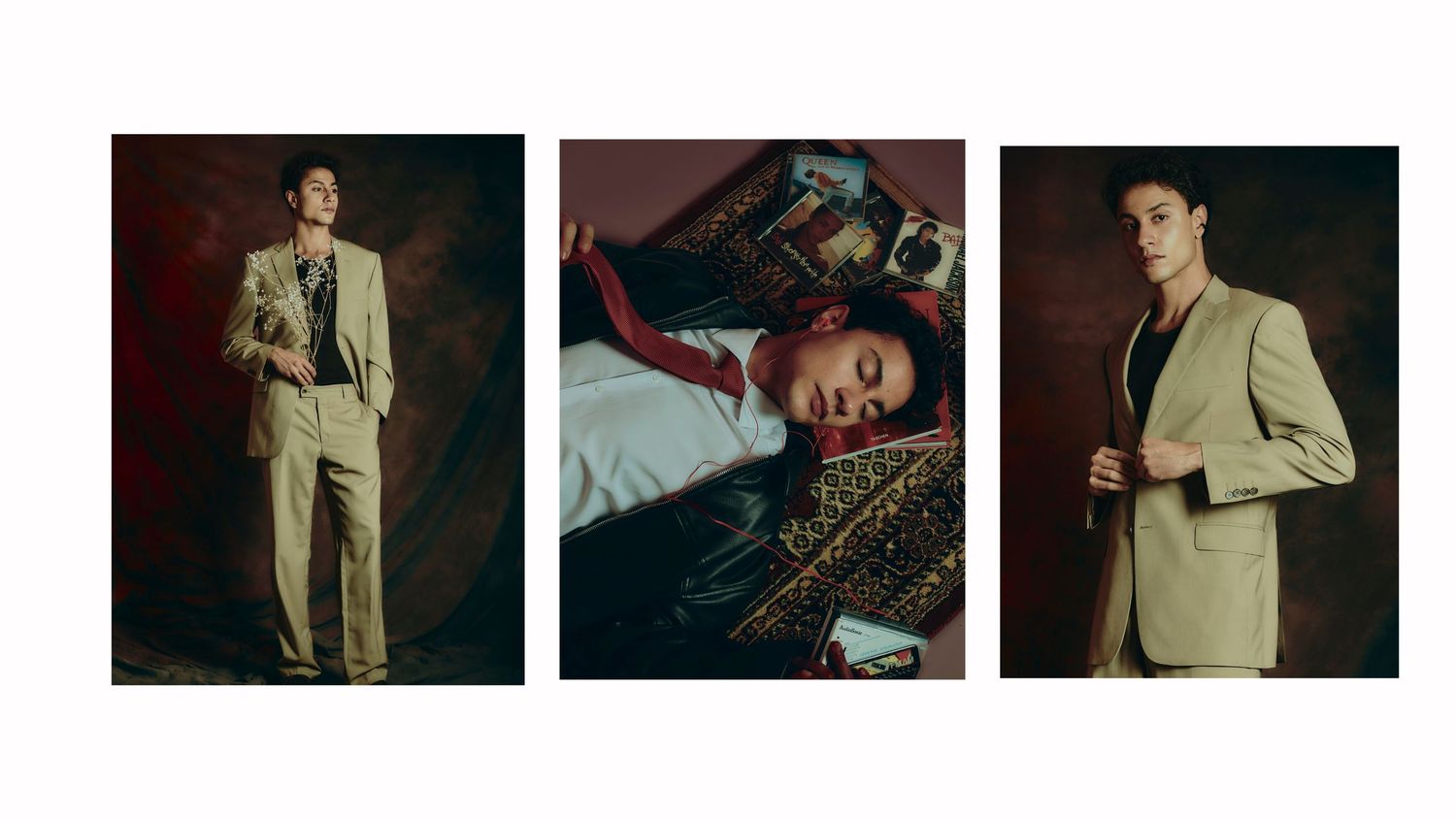 Three fashion portraits showing a model in a beige suit and reclining on patterned fabric against dark backgrounds.