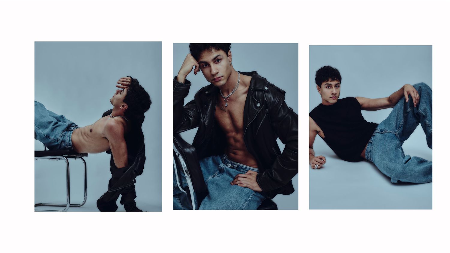 A series of dramatic black and white fashion photographs showing poses against a dark background.