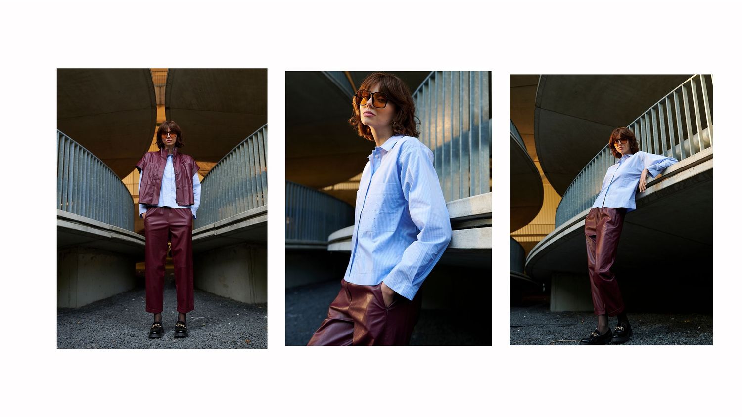 A person wearing burgundy pants and a light blue button-down shirt poses against a wall in various casual stances.