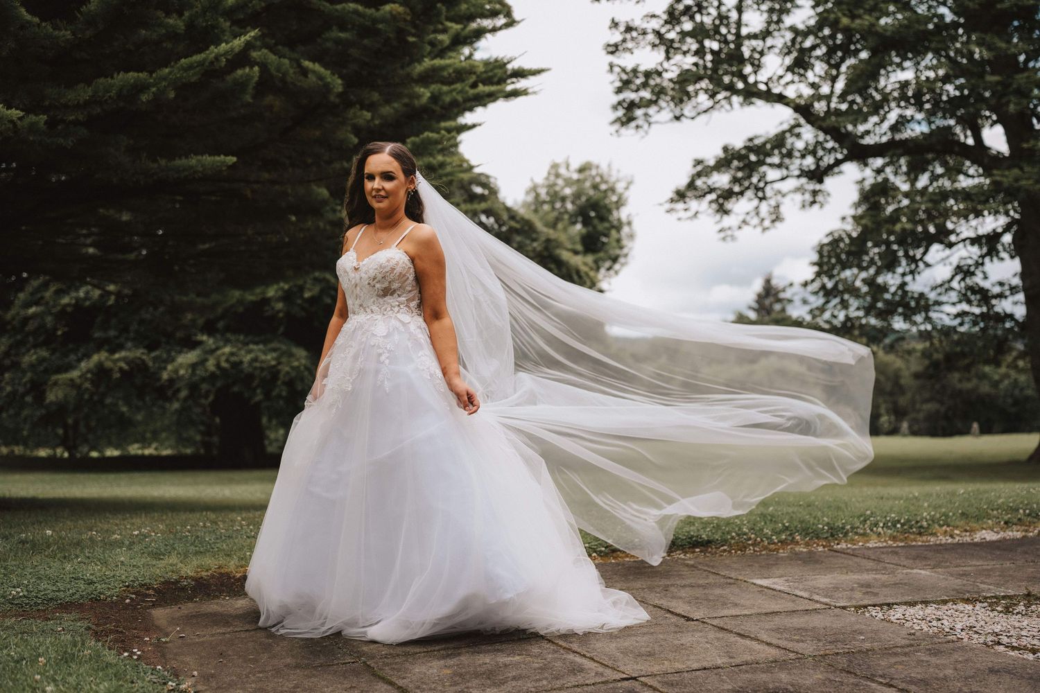 A flowing white wedding dress and veil billow dramatically in the wind against a backdrop of evergreen trees.