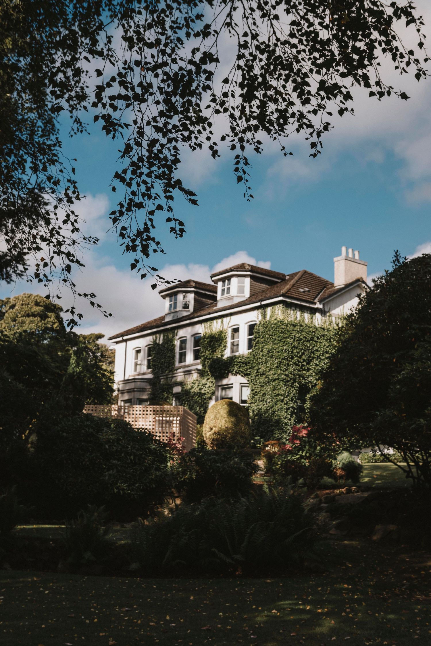 A series of exterior views showing a traditional white residential house with trees and landscaping against a blue sky.