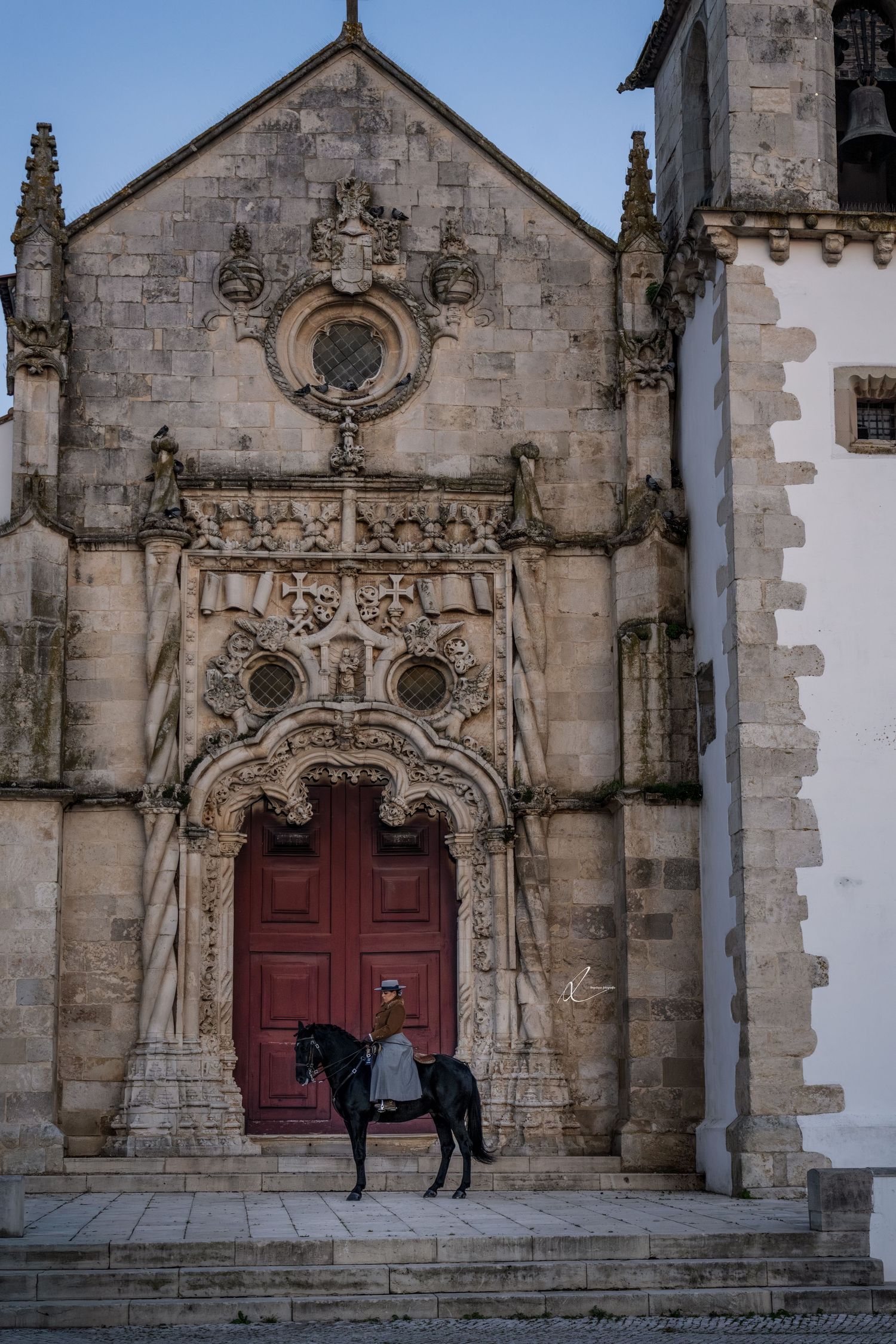 A black horse stands before an ornate Gothic church entrance with red doors and intricate stone carvings.