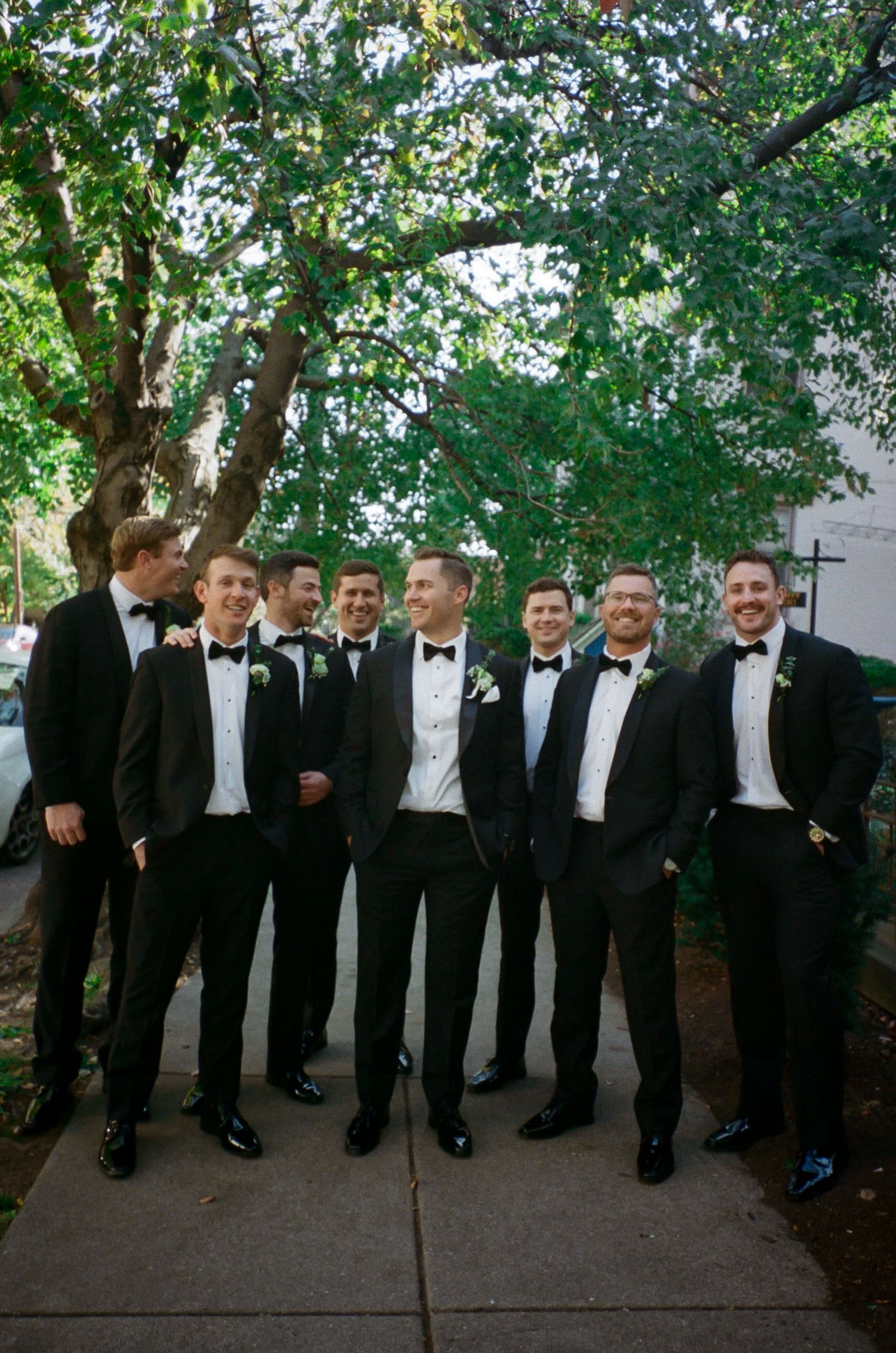 A group of groomsmen in black tuxedos and bowties pose together on a sidewalk under trees.