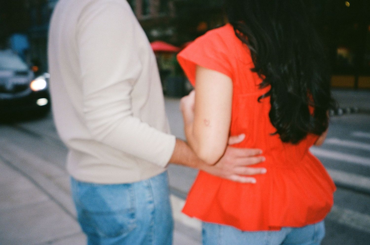 A series of dance poses showing a couple performing bachata or salsa dance moves in casual attire.
