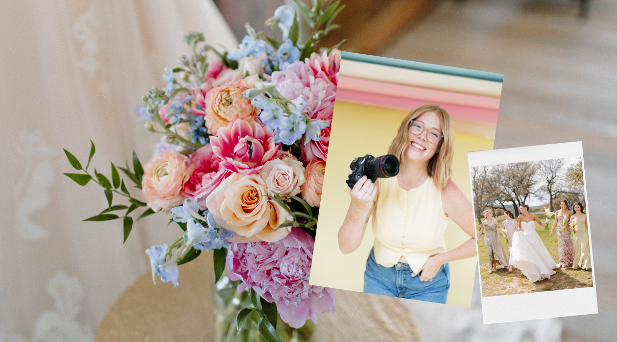 Colorful spring wedding bouquet with pink roses and blue hydrangeas displayed alongside wedding photographer portrait.