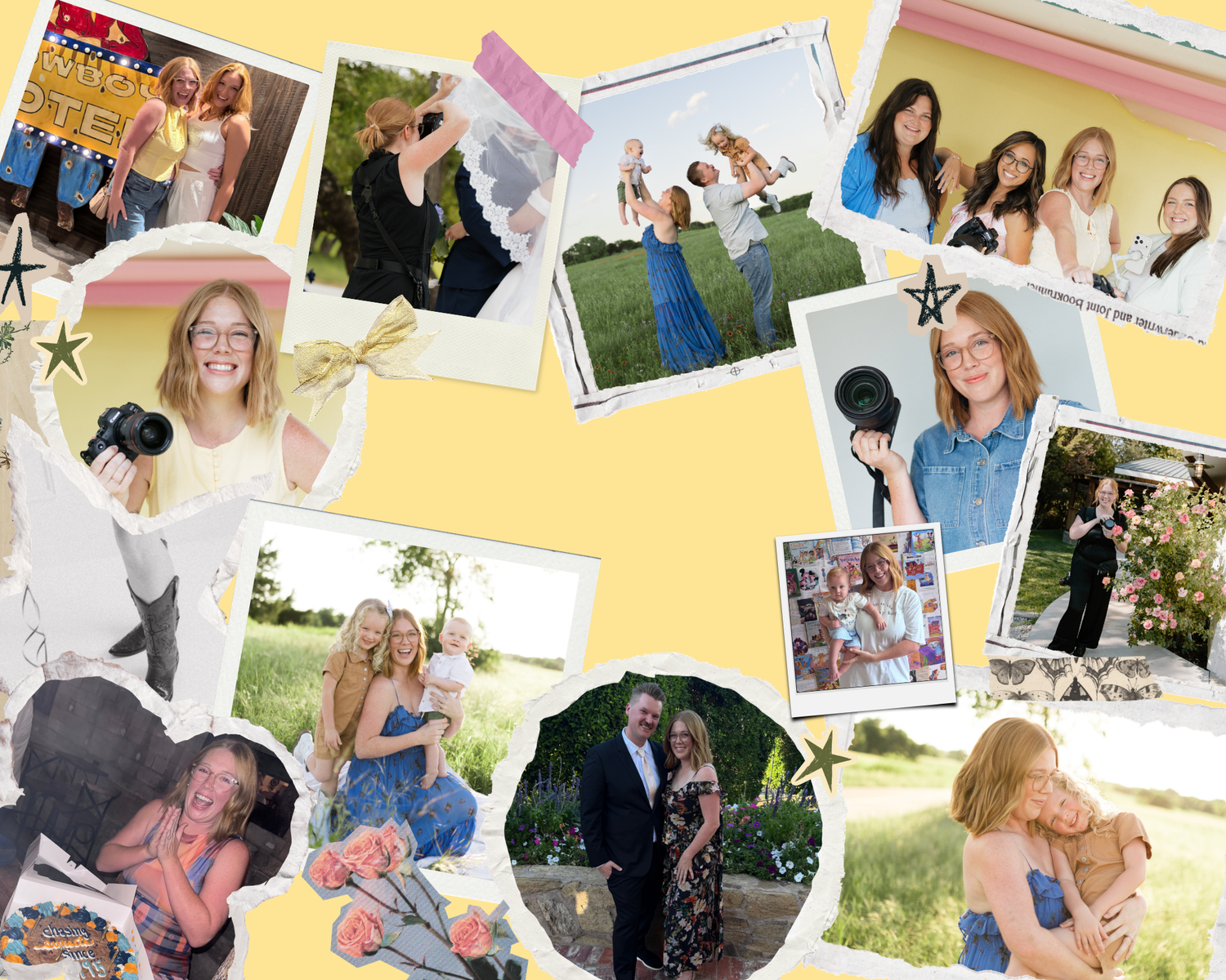 A colorful photo collage featuring multiple candid and posed photographs of women and couples on a yellow background.