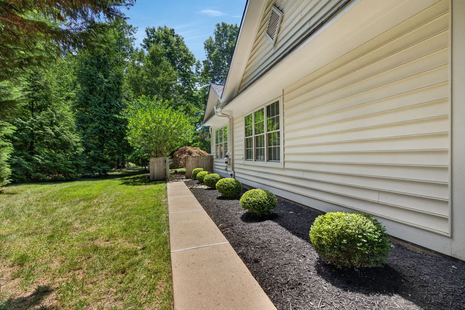 Manicured landscaping with trimmed shrubs along a concrete walkway beside a beige home with lush green lawn.