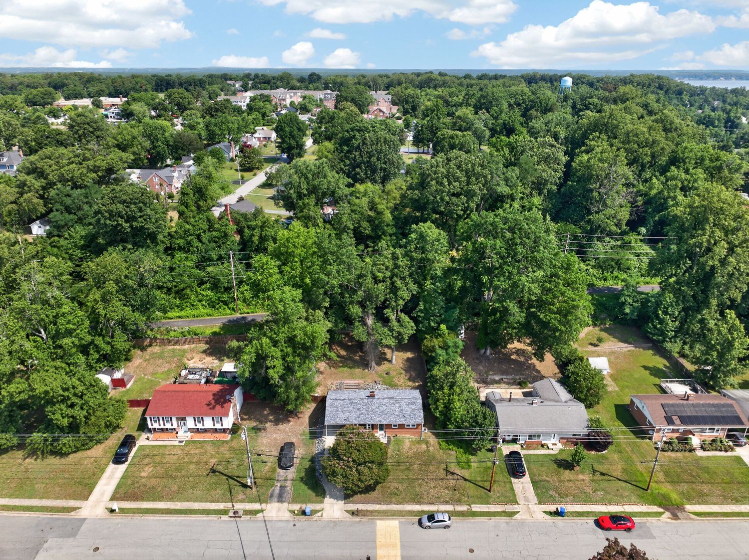Aerial view of a suburban neighborhood with tree-lined streets, residential homes, and lush green canopy on a sunny day.