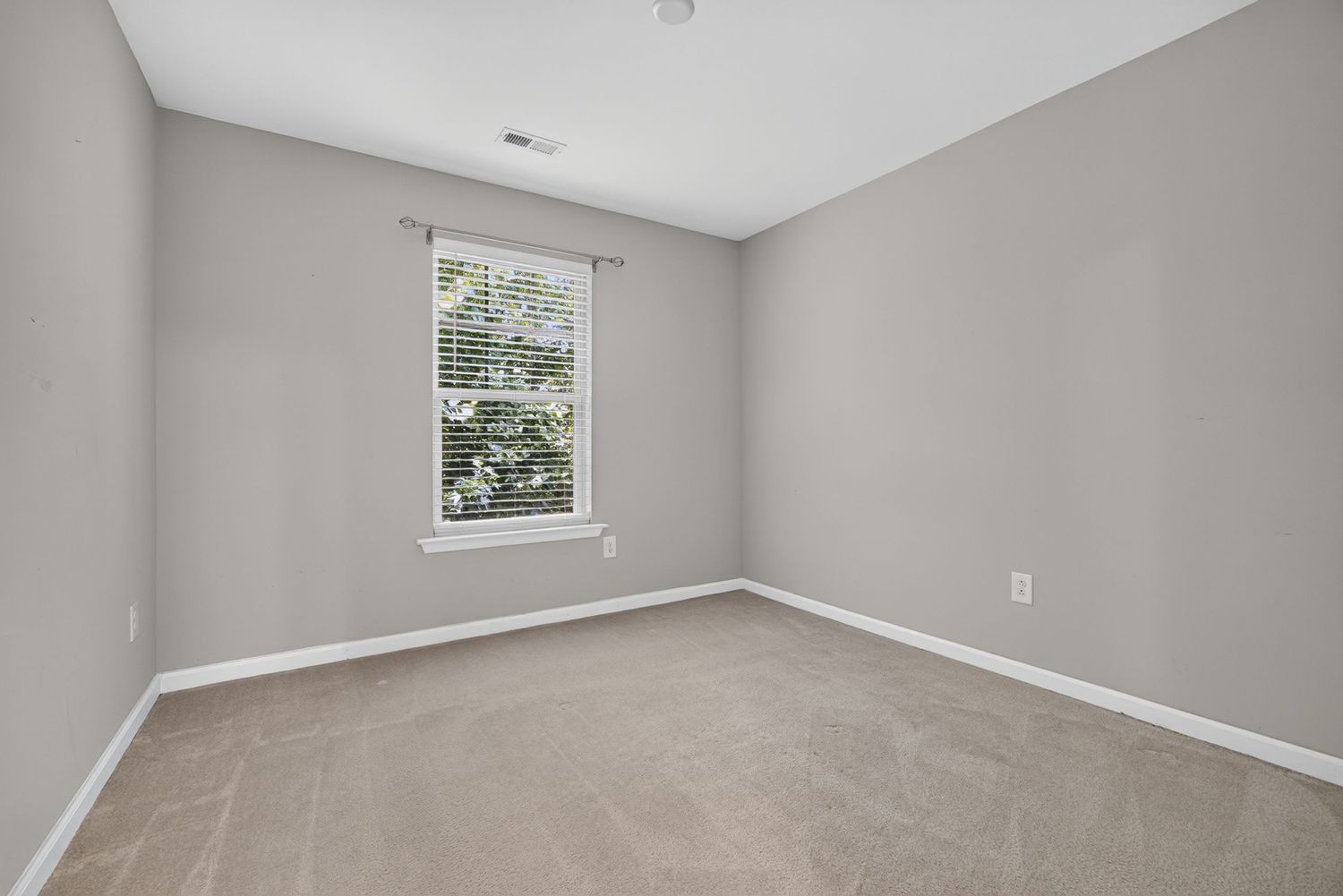 Empty bedroom with neutral carpet, light gray walls, white baseboards, and a single window with natural light.