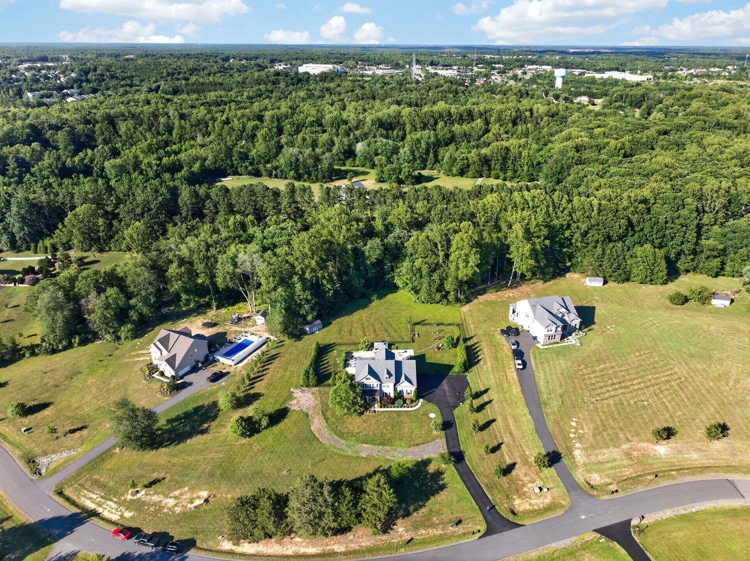 Aerial view of luxury homes surrounded by lush green trees and manicured lawns in a suburban neighborhood.