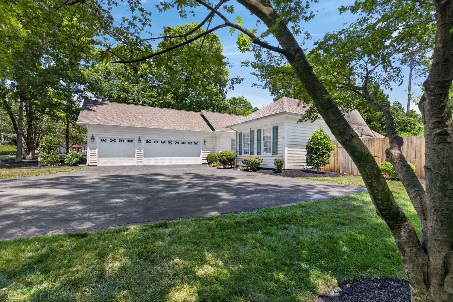Single-family home with two-car garage, manicured lawn, and lush mature trees lining a wide asphalt driveway.