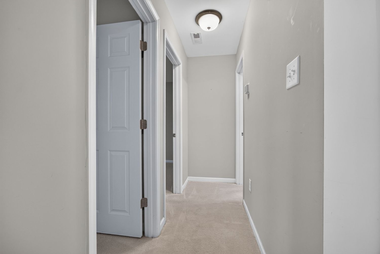 Bright hallway with neutral carpet, white doors, and a flush mount ceiling light in a modern home.