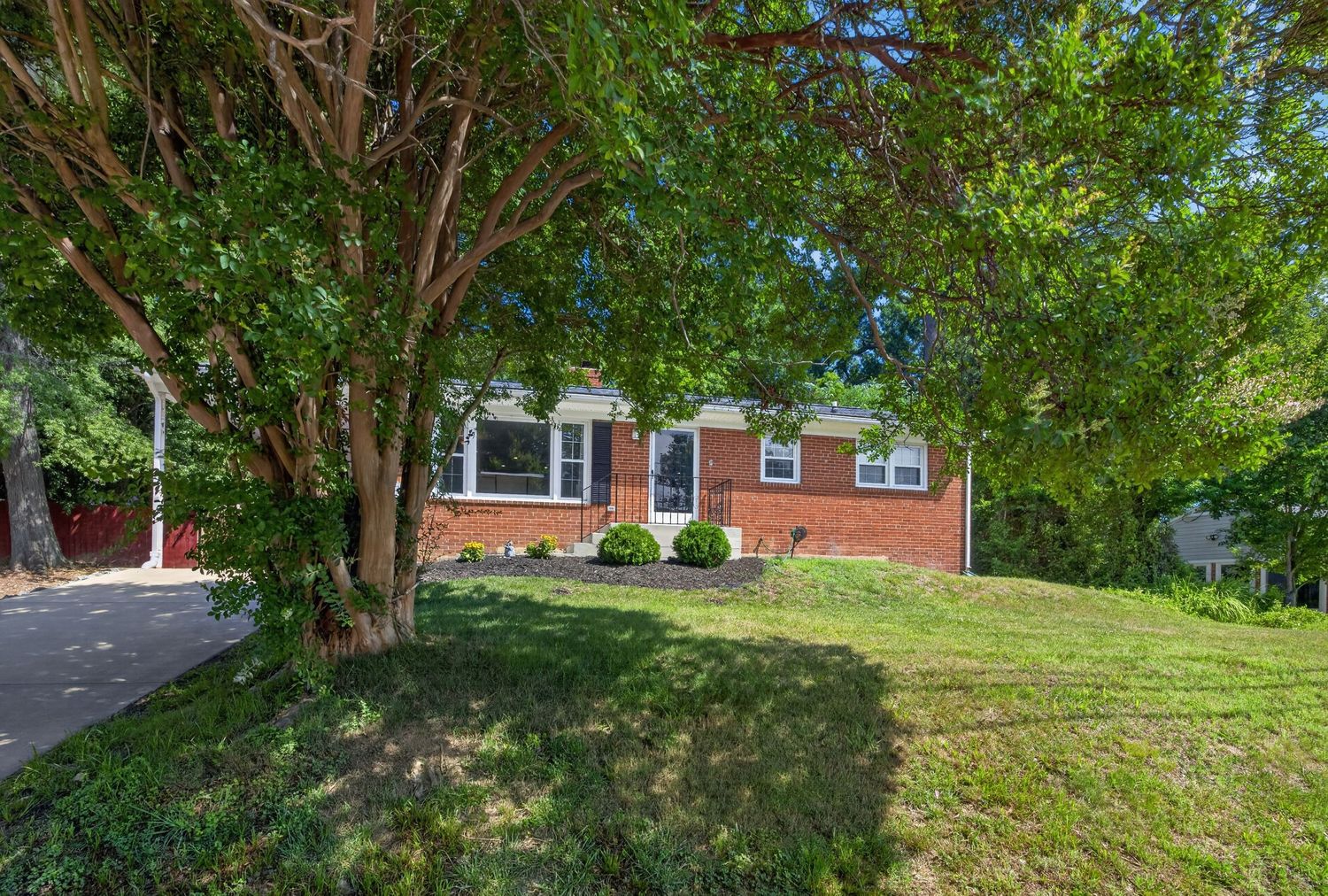 Brick ranch home with large shade trees, green lawn, and driveway visible through lush summer foliage.