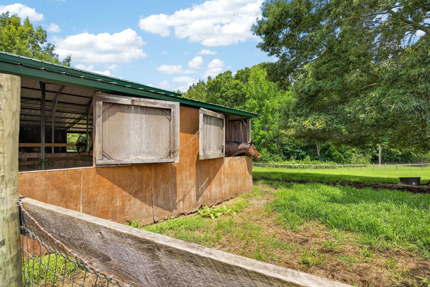 Rustic wooden horse stable with green metal roof surrounded by lush trees and green pasture on a sunny day.
