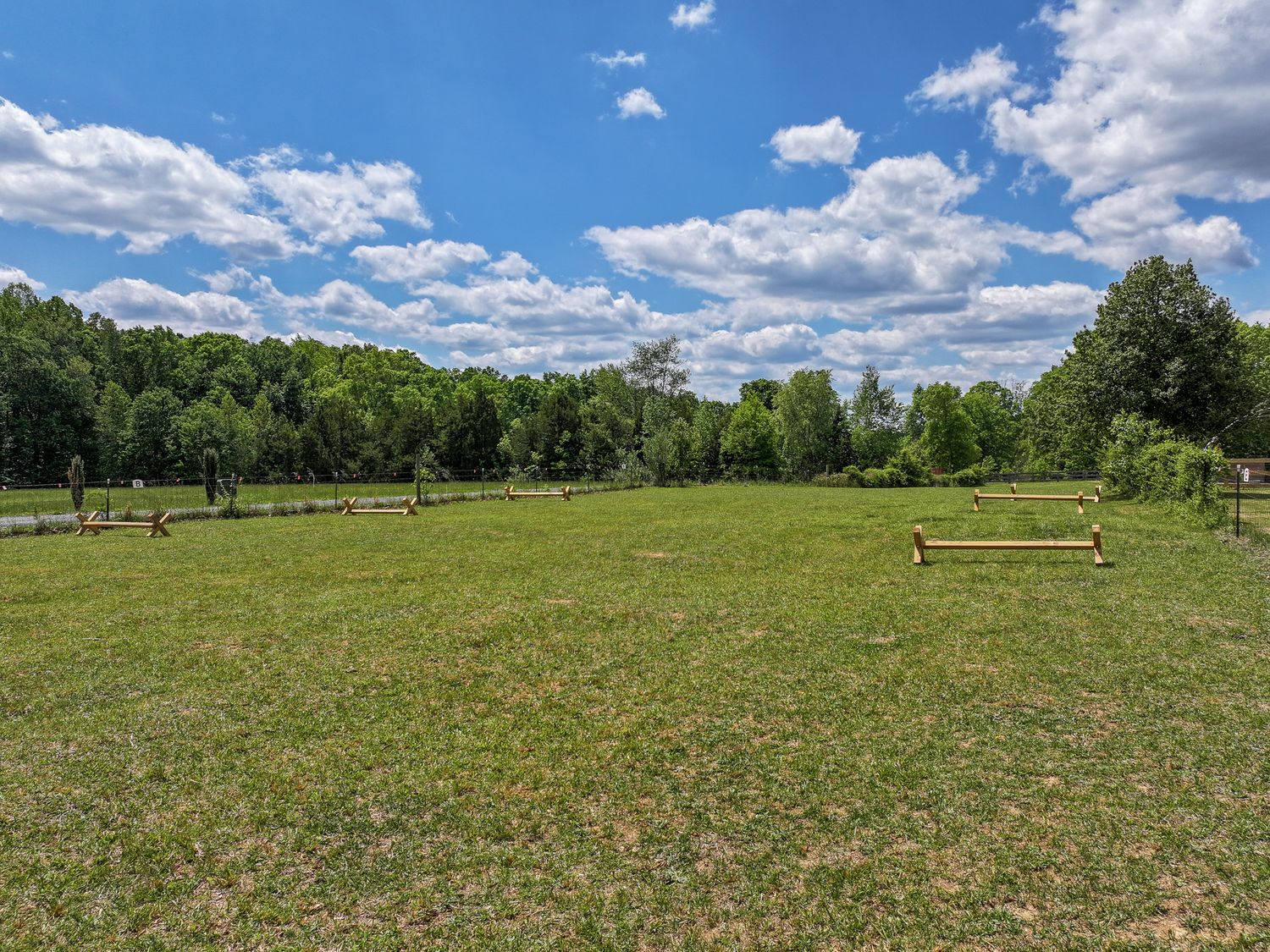 Lush green pasture with wooden jump obstacles surrounded by dense trees under a partly cloudy blue sky.