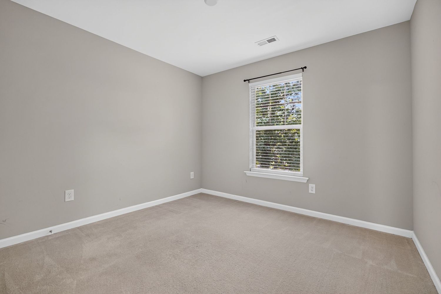 Empty bedroom with beige carpet, gray walls, white baseboards, and a single window with natural light.