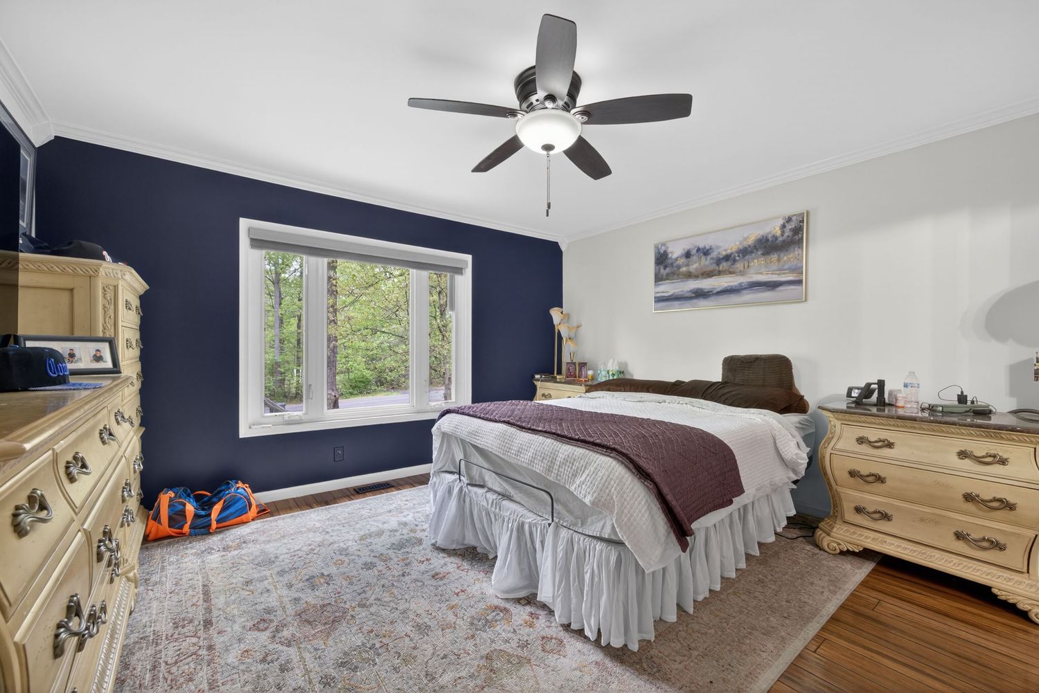 Spacious bedroom with navy blue accent wall, ceiling fan, hardwood floors, and large window with natural light.