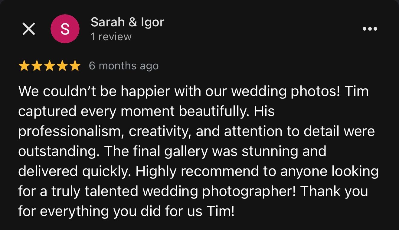 A positive customer review showing a 5-star rating and testimonial for wedding photography services. Ottawa wedding photographer