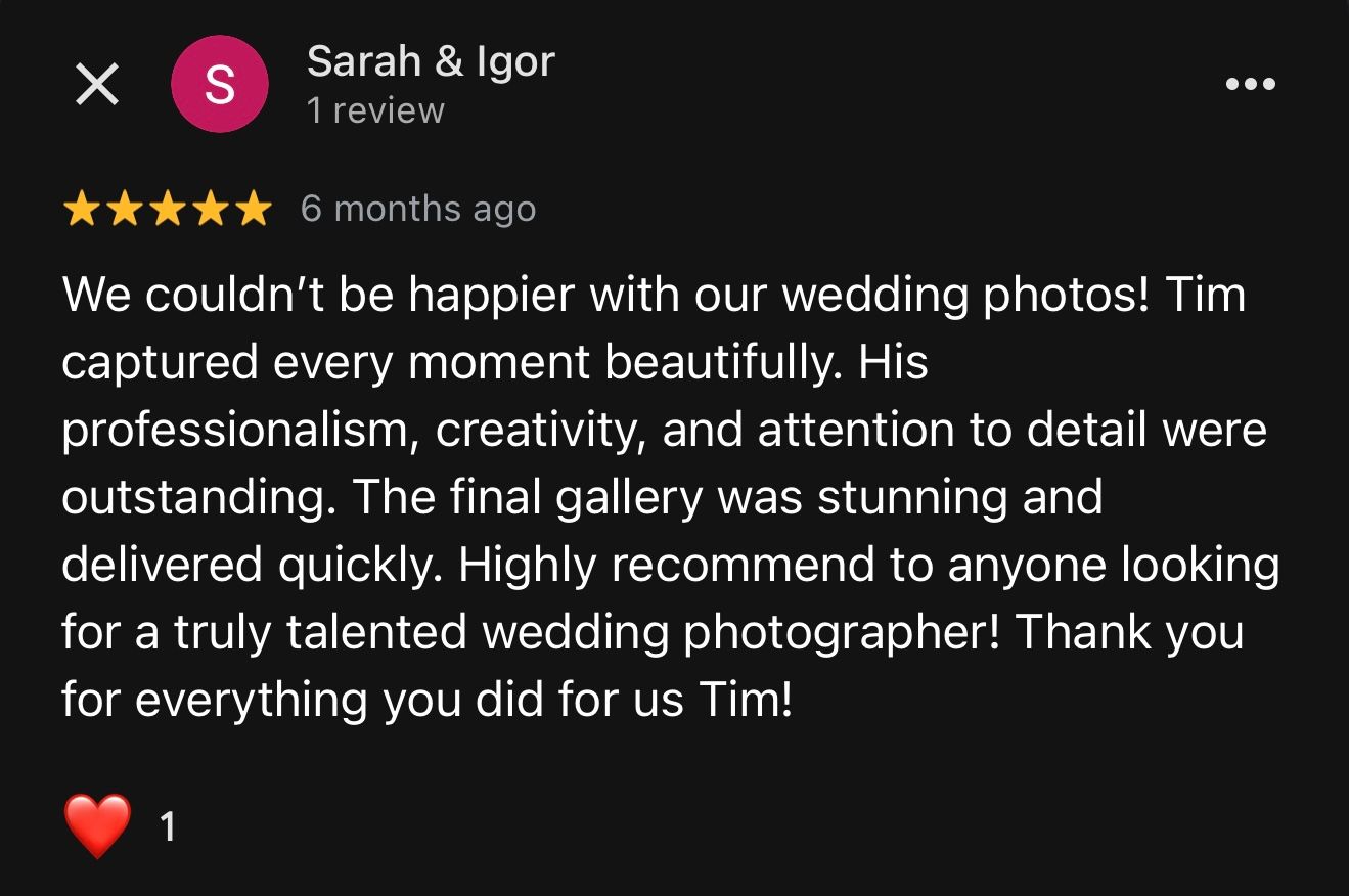 A screenshot of a 5-star google review praising a Ottawa wedding photographer's professionalism and creativity.