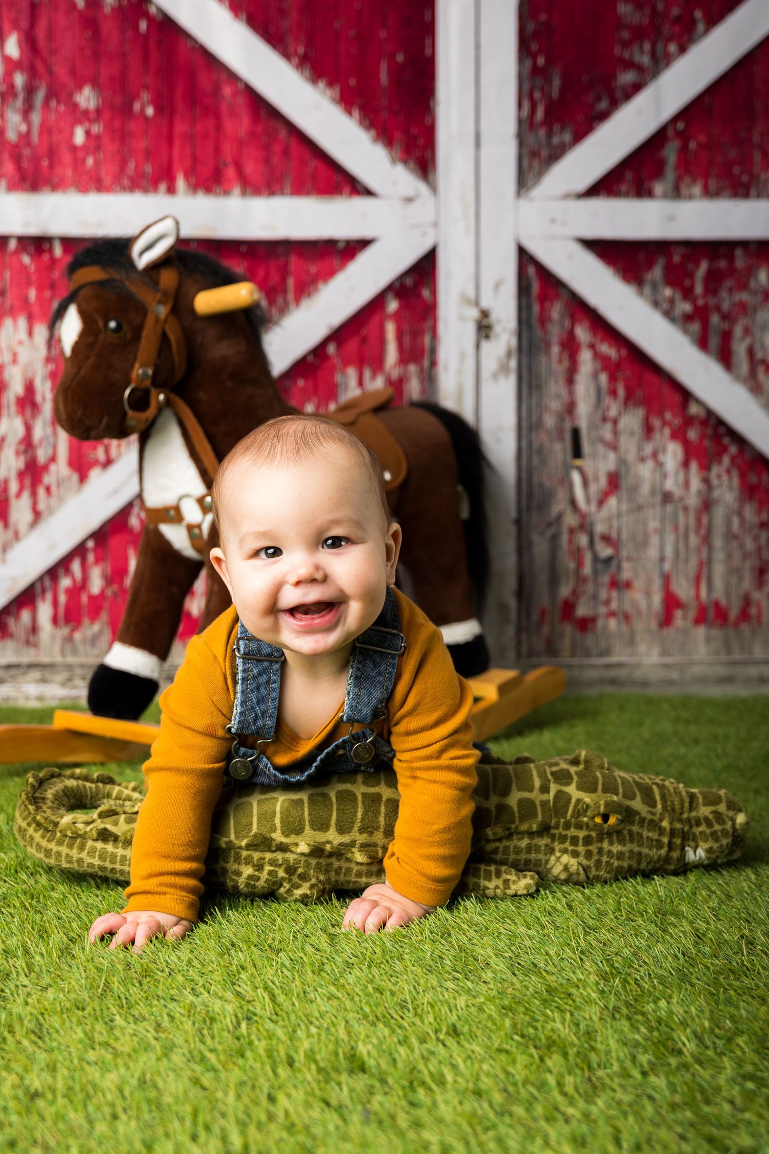 Joyful baby in a yellow sweater crawls on green carpet in front of rustic red barn backdrop.
