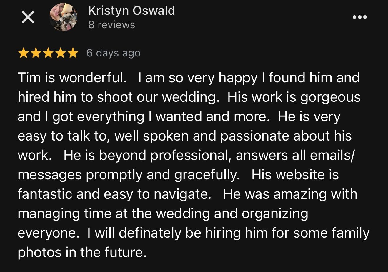 Customer review screenshot showing glowing feedback about wedding photography services.