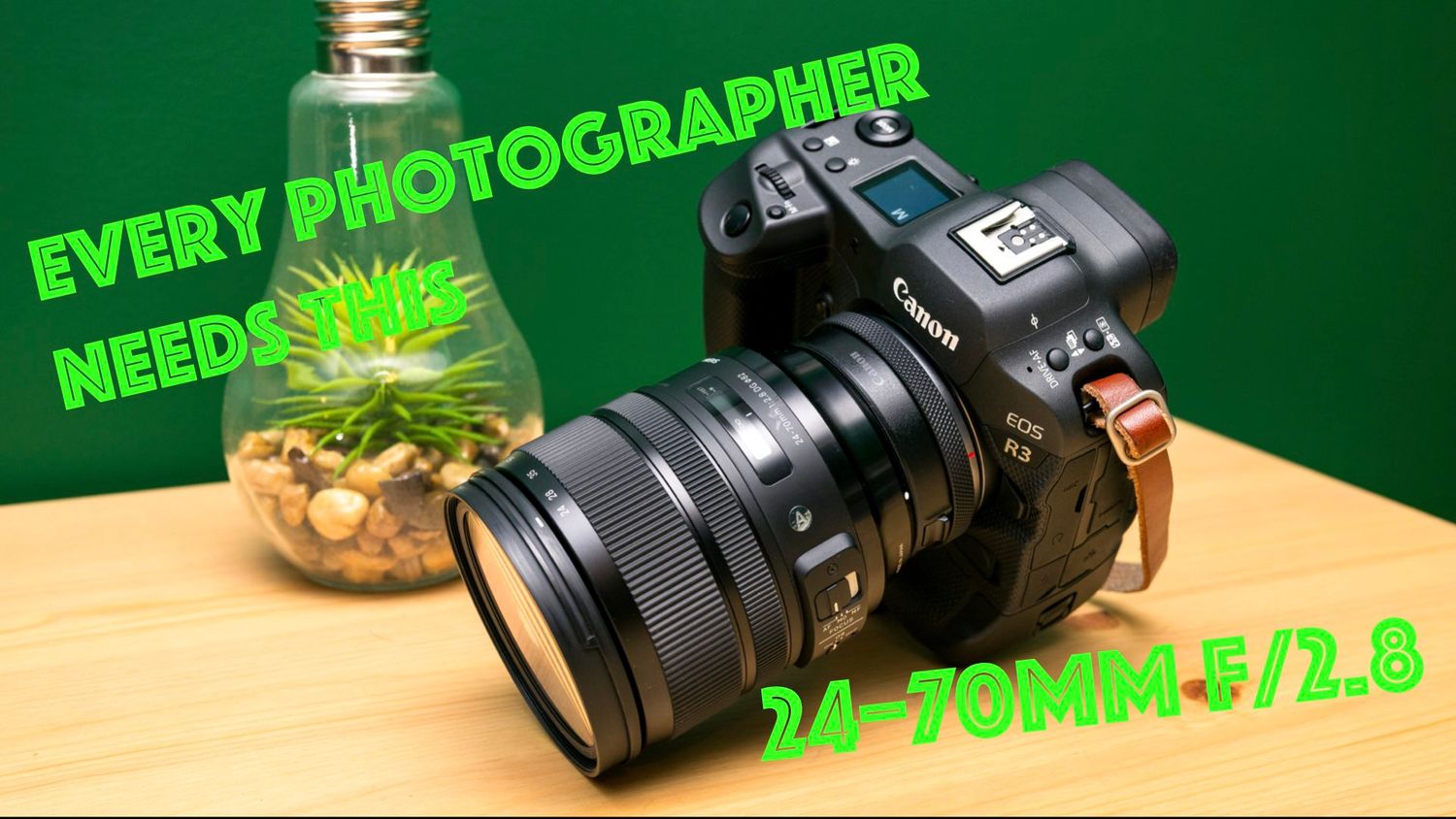 Camera lenses and photography gear arranged on a green background with text overlays about photographer equipment.