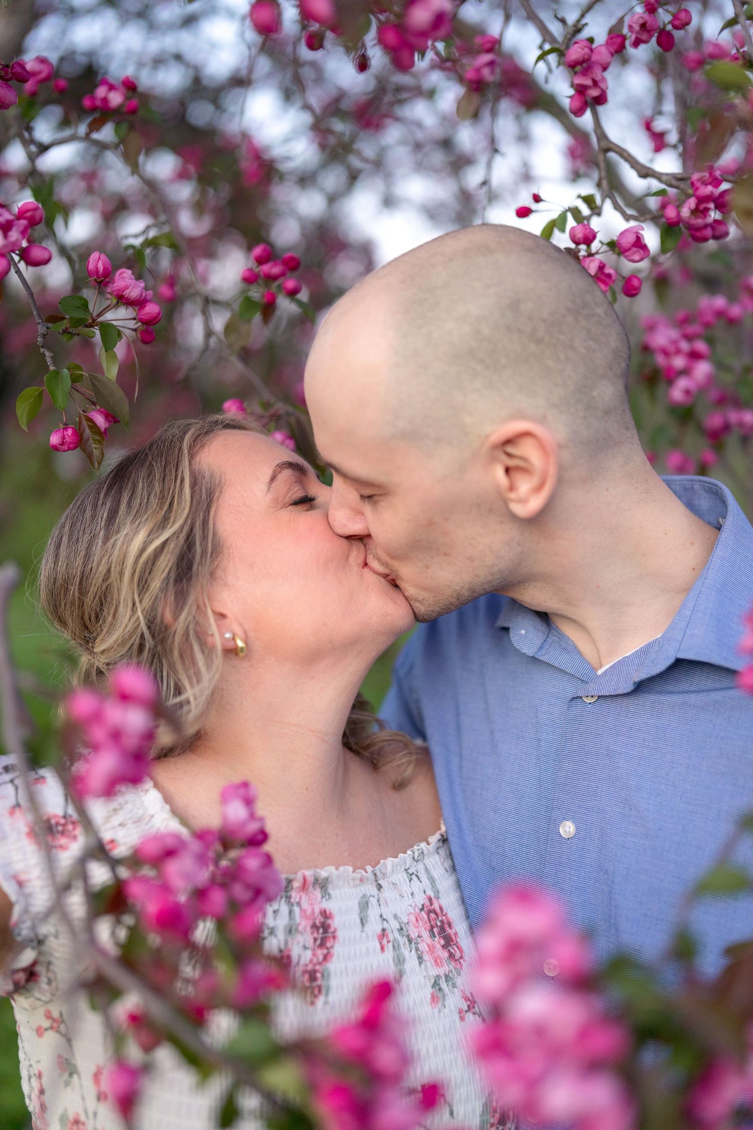 Intimate couple sharing kisses framed by beautiful pink spring blossoms. Ottawa Wedding Photographer