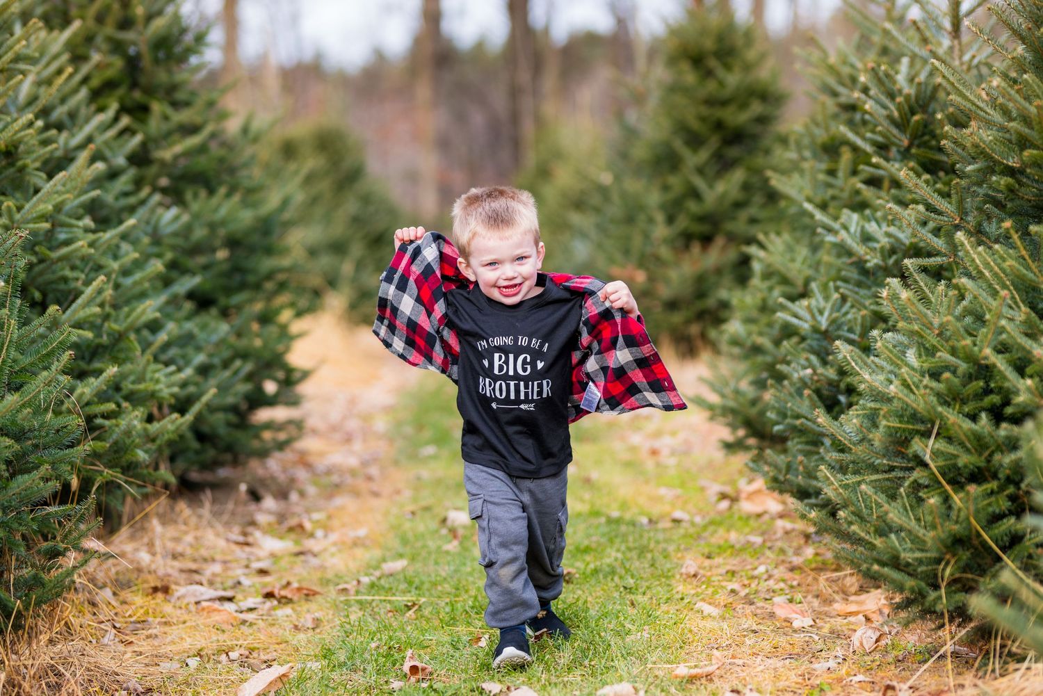 A child runs joyfully between rows of evergreen trees at a Christmas tree farm wearing a red plaid flannel shirt.