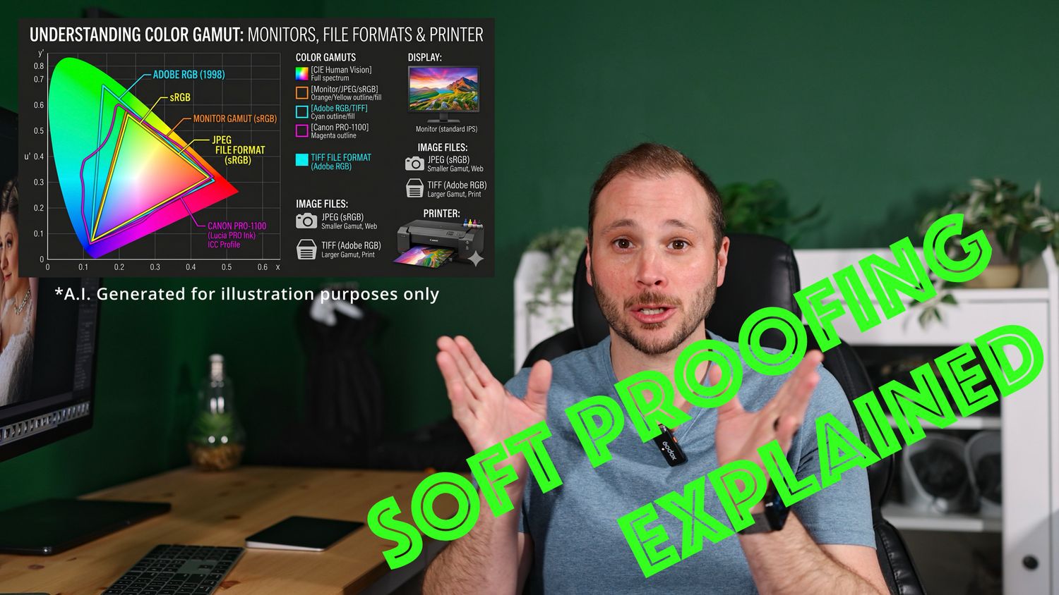 Soft proofing tutorial video thumbnail featuring a man explaining color gamuts with monitors, file formats, and printer chart.