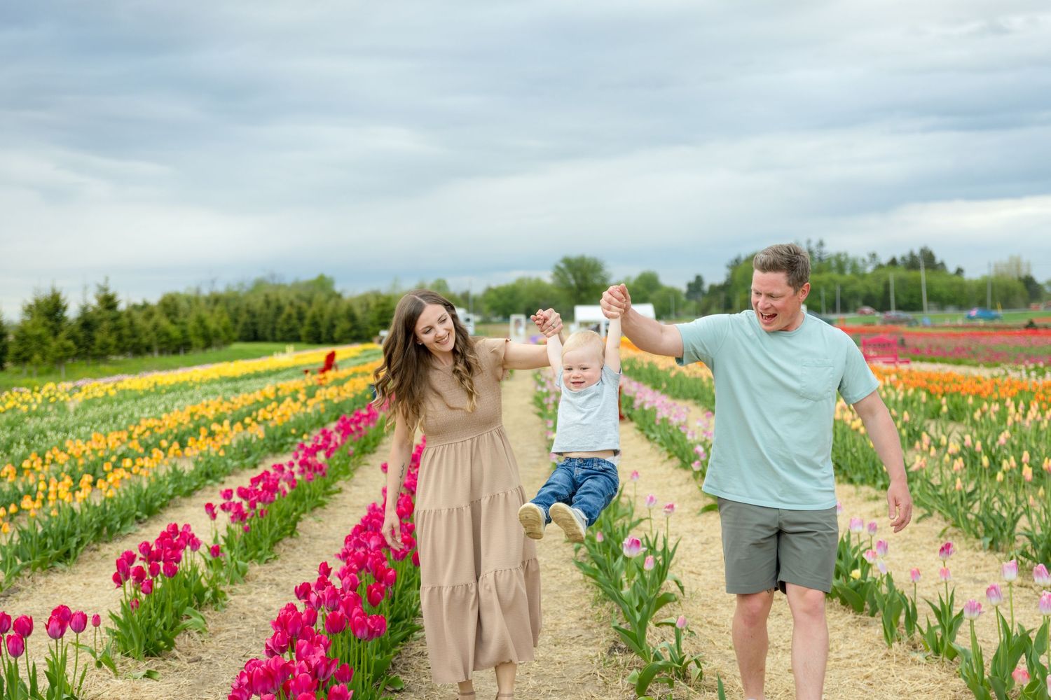 Joyful family walking through vibrant tulip fields on a sunny spring day at a flower farm. Ottawa Portrait Photographer