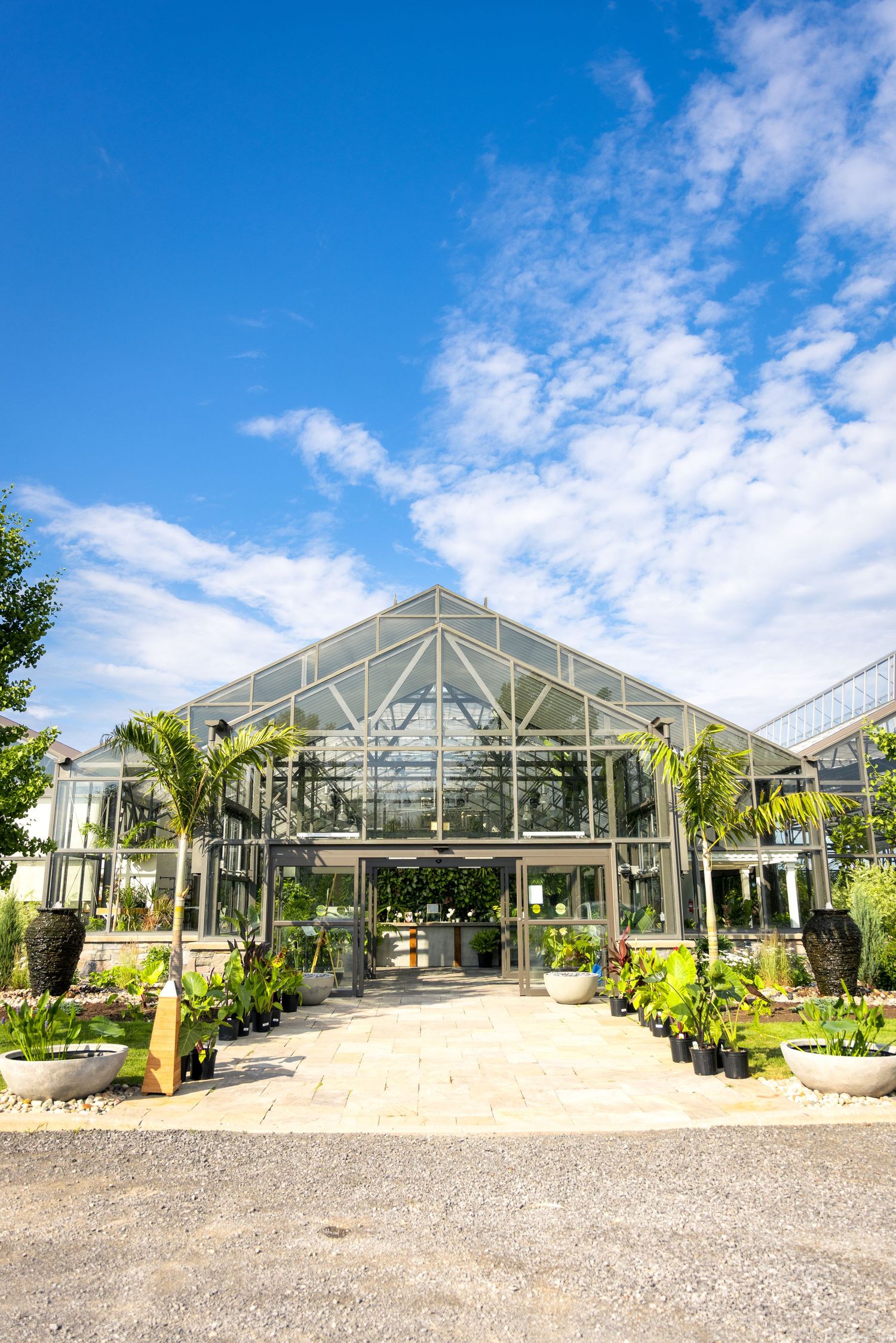 Modern greenhouse structure with glass panels and palm trees at entrance under blue sky with white clouds. Aquatopia Carp Ottawa Ontario