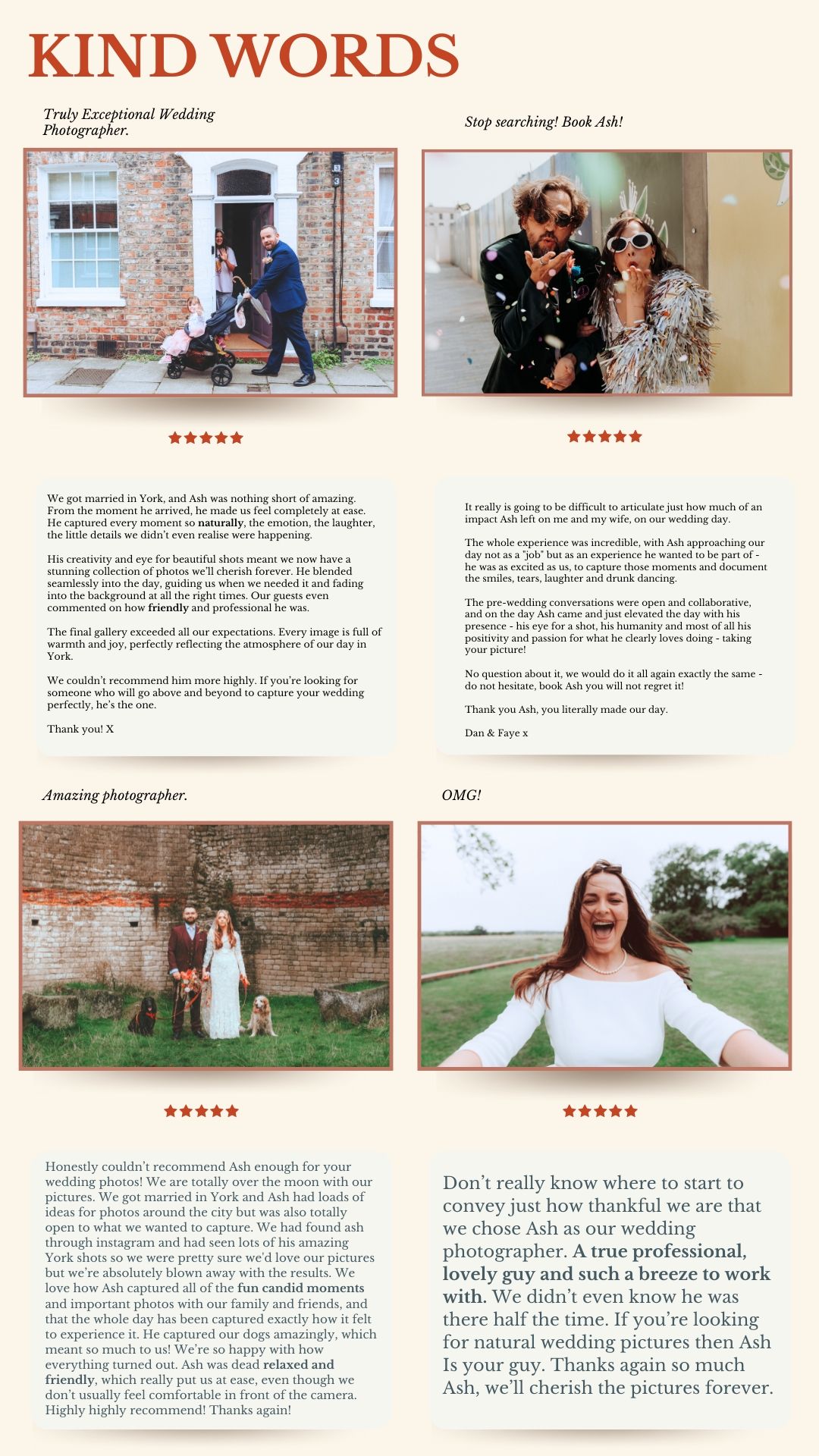 A wedding photography promotional flyer featuring five-star client reviews and romantic couple photos with Kind Words branding.