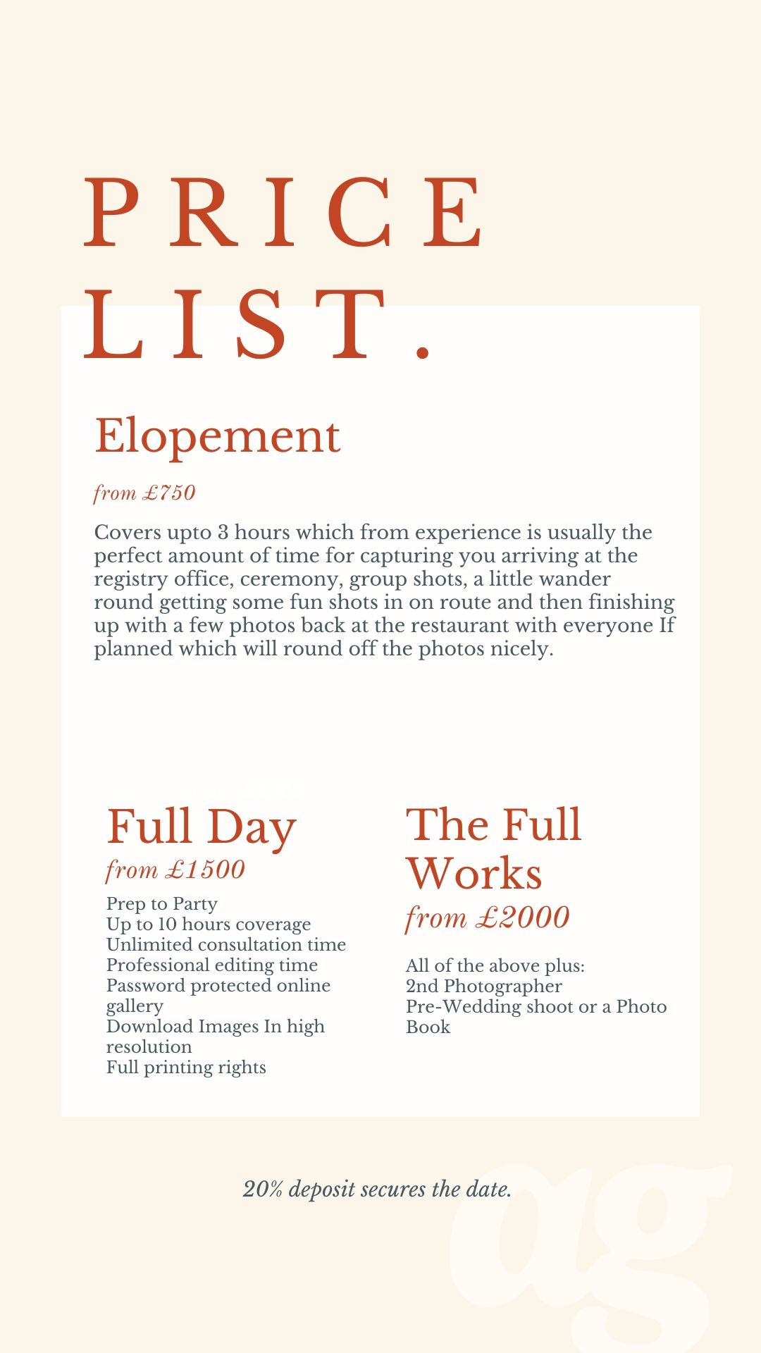 Wedding photography price list showing Elopement from £750, Full Day from £1500, and The Full Works from £2000.