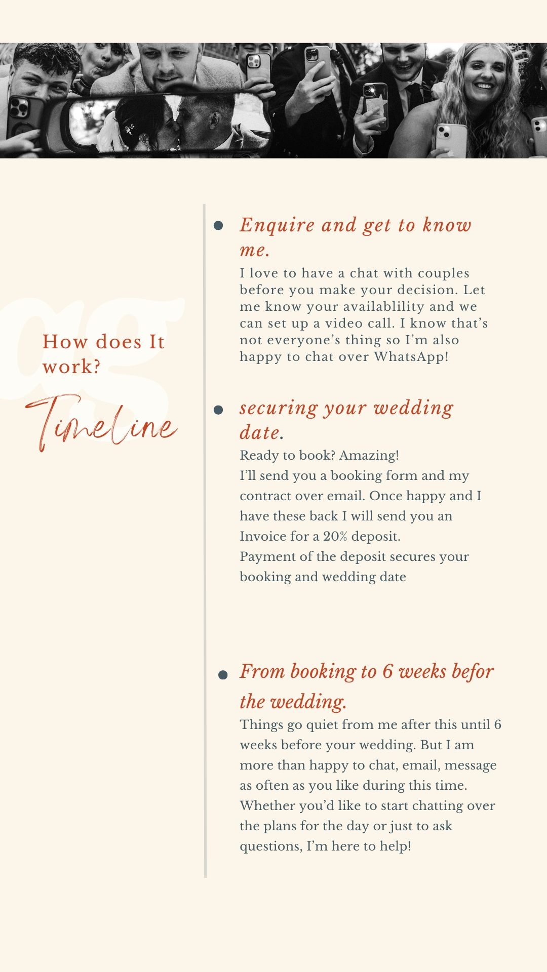 Wedding photography timeline infographic showing booking process steps from enquiry to 6 weeks before the wedding day.