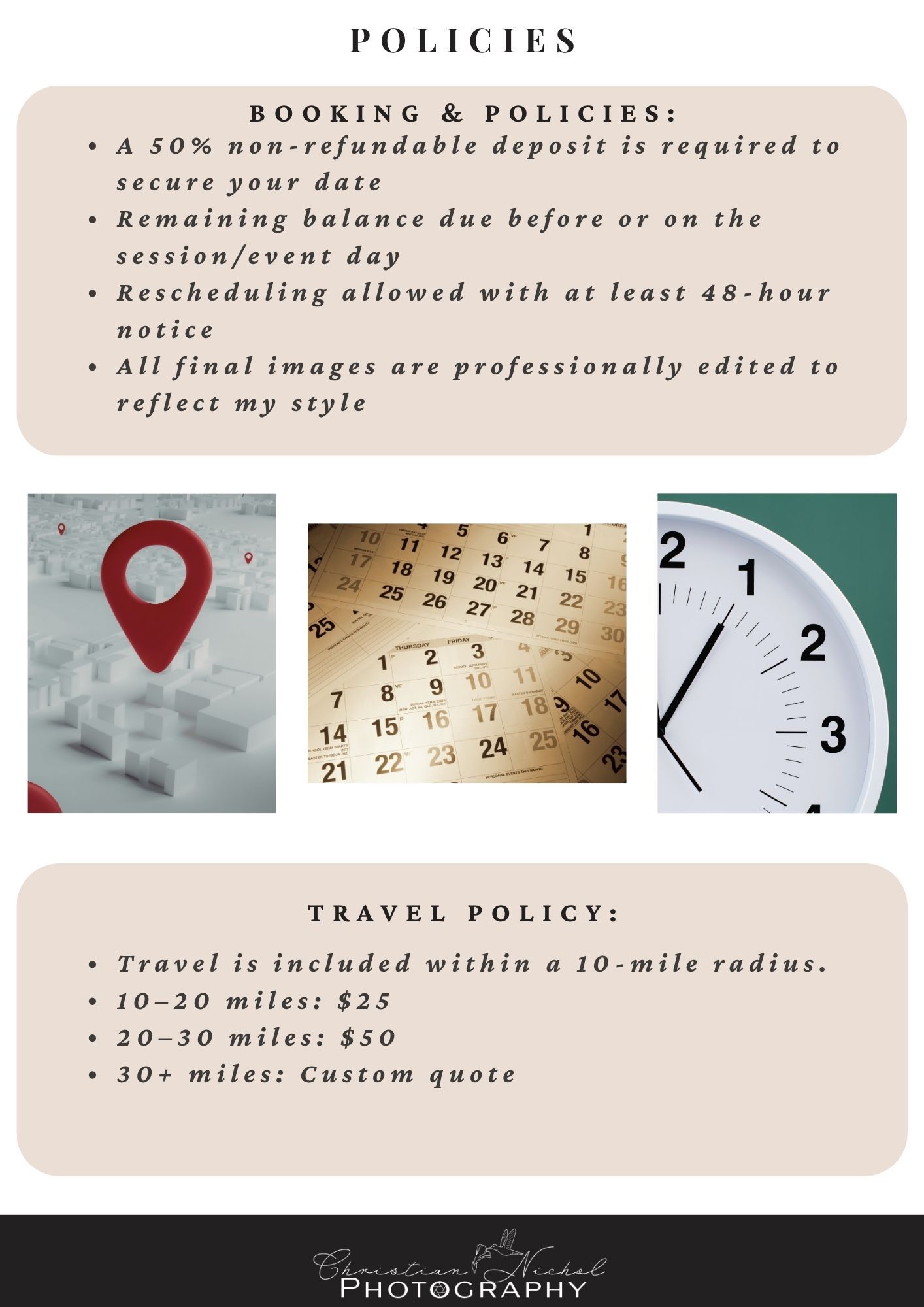 Calendar pages and clock faces show booking and scheduling policies for photography services within a 30-mile radius.