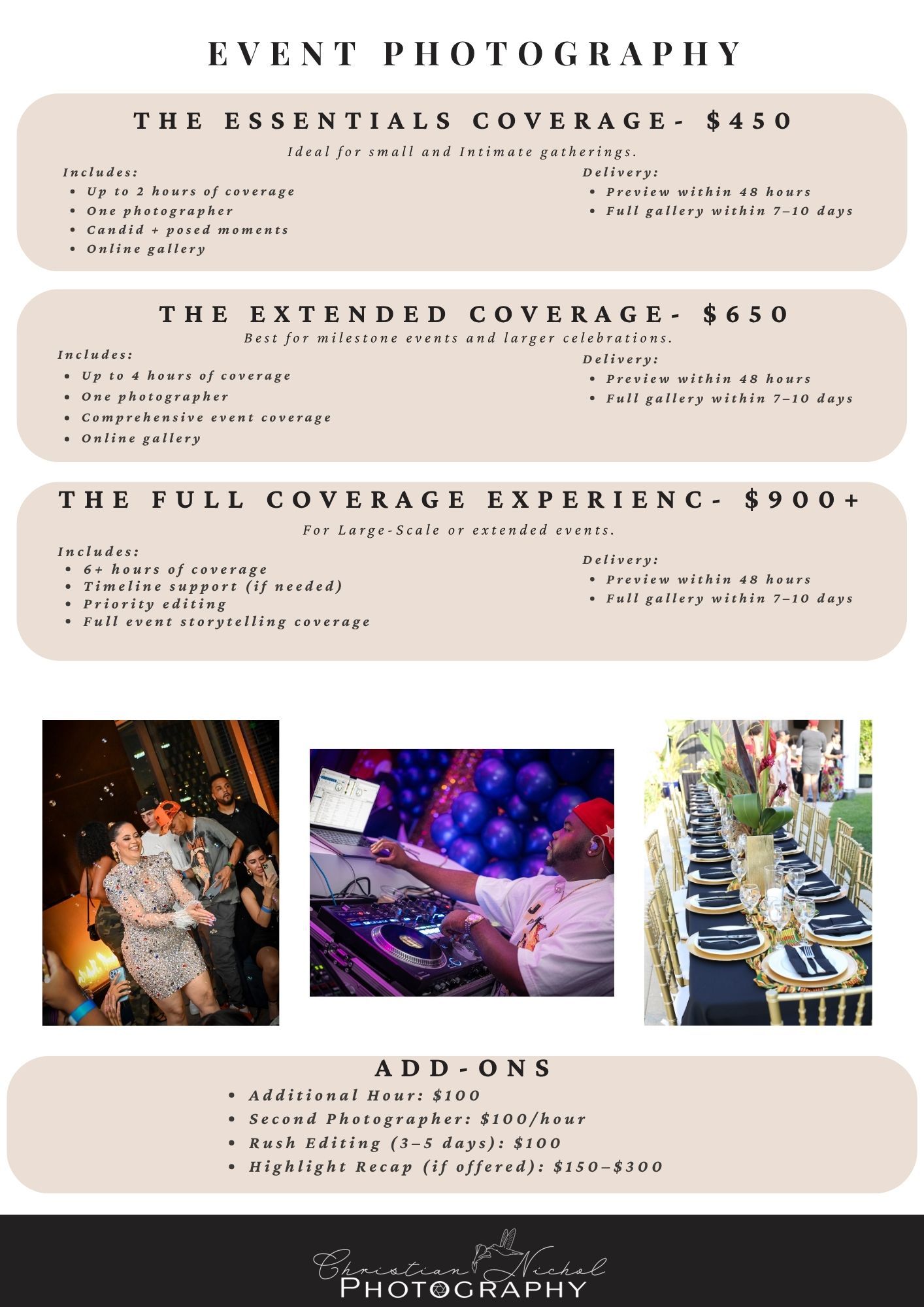 Event photography pricing guide showing three service tiers with sample photos of dance parties and table settings.
