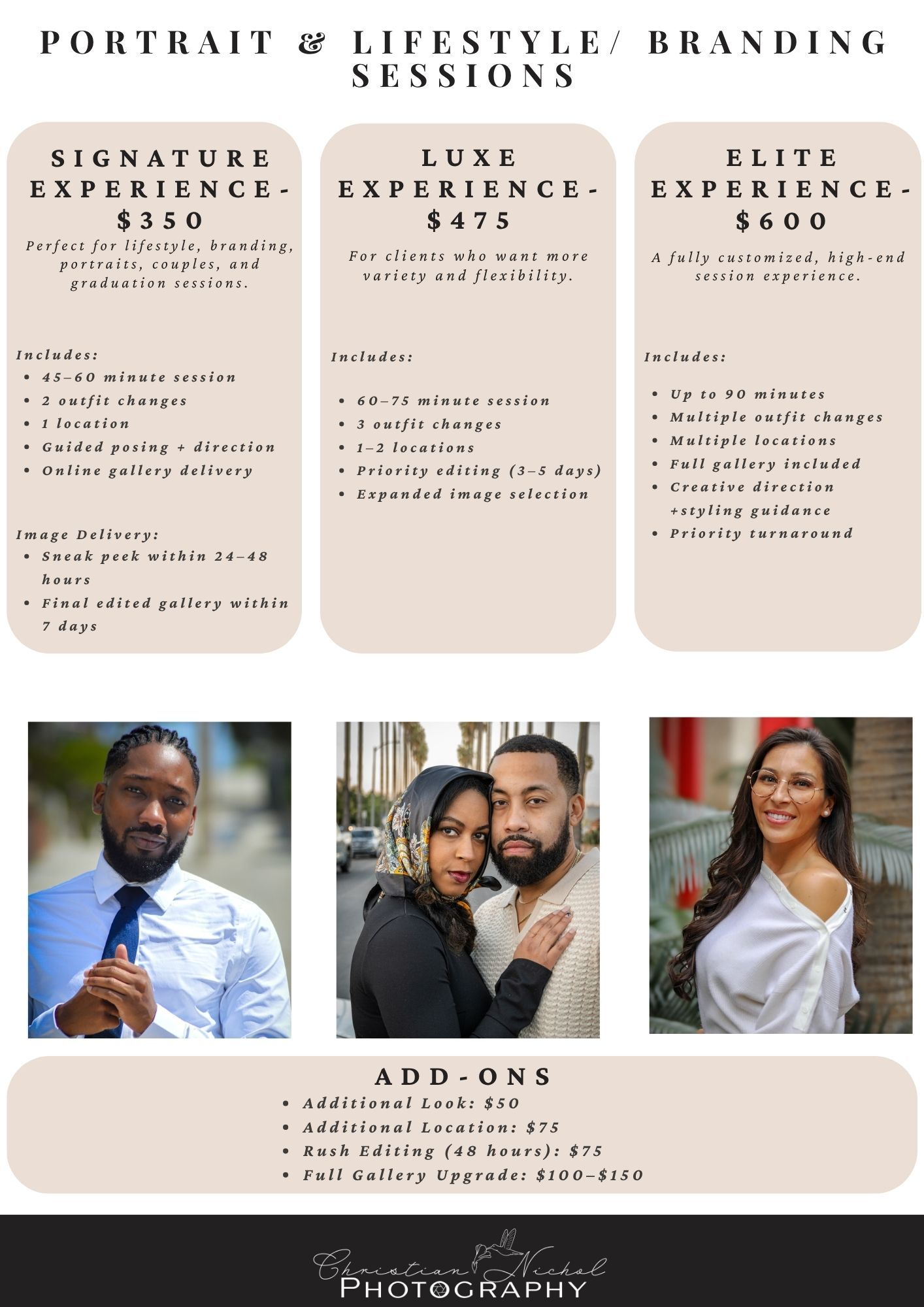 Photography pricing menu showing three tiers of portrait and lifestyle packages with sample images and add-on options.
