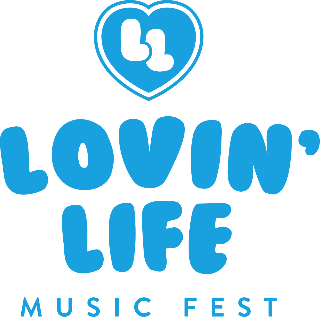 Official logo for the Lovin' Life Music Fest, featuring a blue heart icon with two 'L' shapes inside, above the text 'Lovin' Life Music Fest