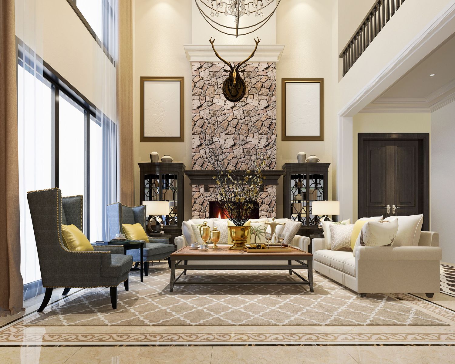 Elegant living room with stone fireplace, cream sofa, gray armchairs, yellow accents, and a mounted deer head above the mantel.