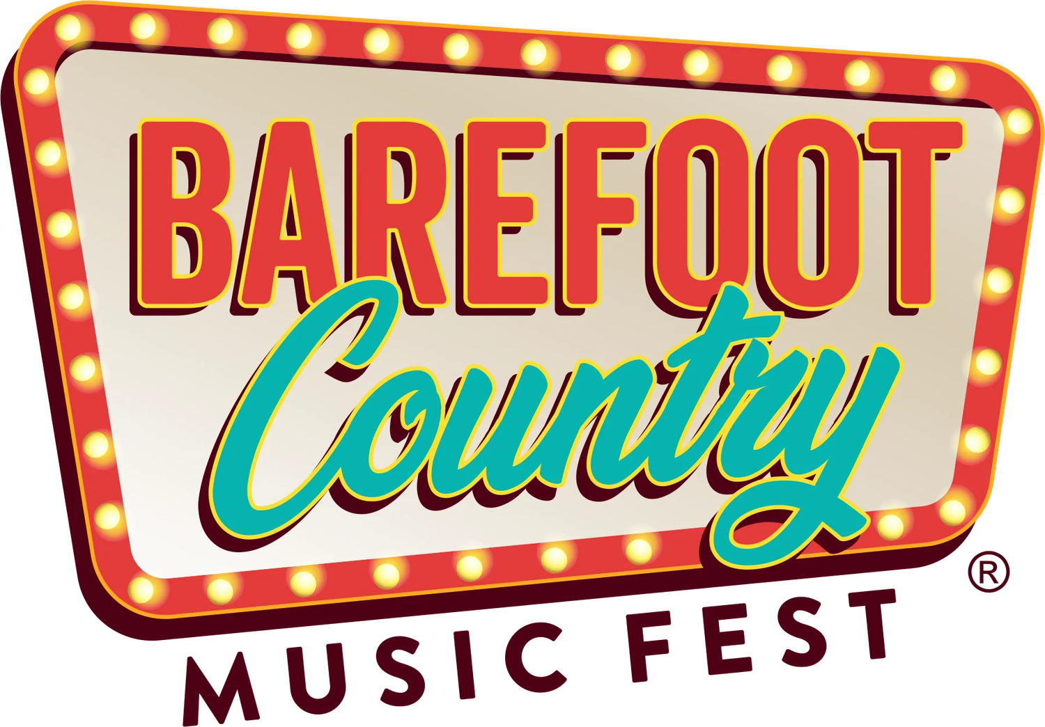 Official Barefoot Country Music Fest (BCMF) logo featuring a retro-style marquee sign with glowing lightbulbs and vibrant teal and red