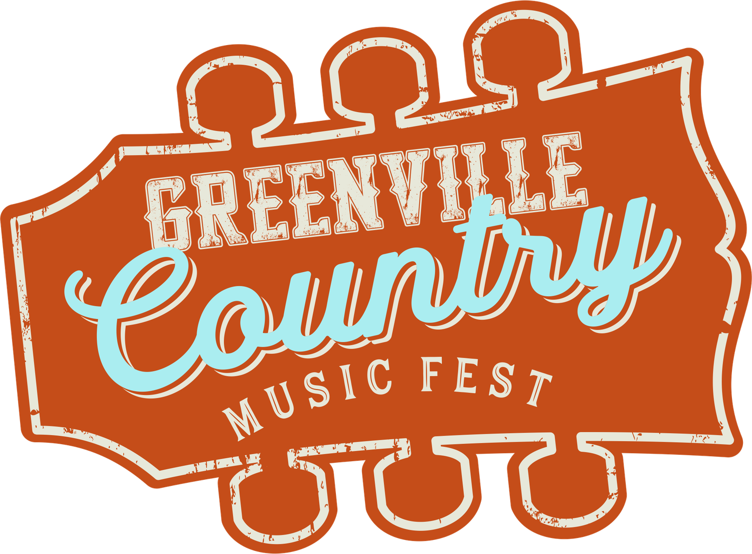 Orange and teal festival banner design featuring guitar headstock shapes and text for a music event.