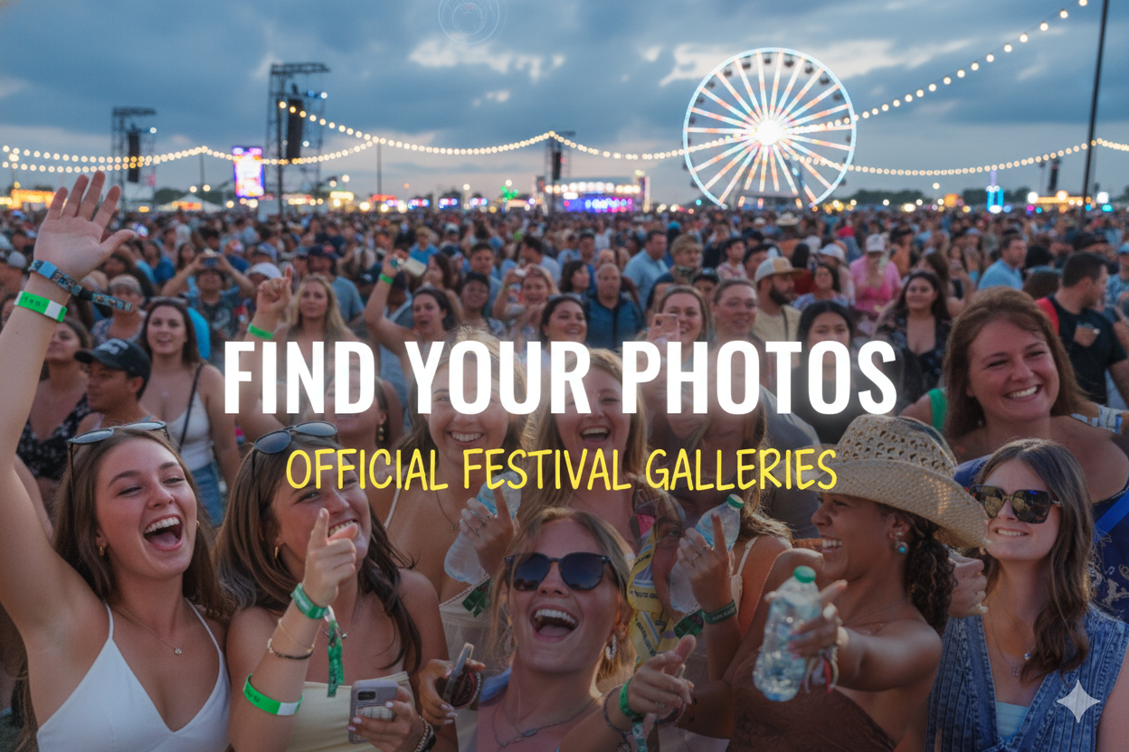 A vibrant crowd at an outdoor music festival during sunset, with fans cheering and a Ferris wheel in the background. Find Your Photo