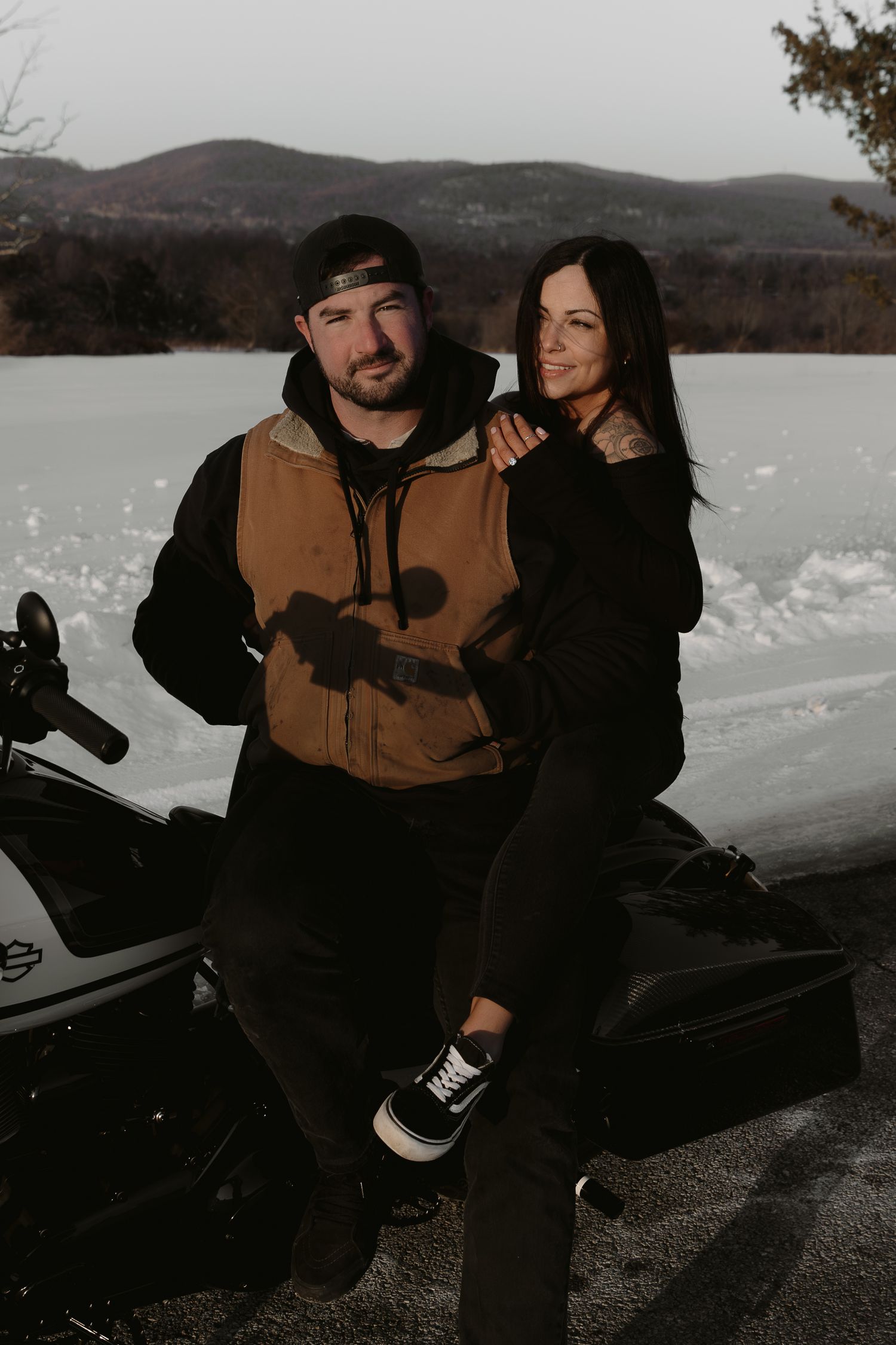 couple on a motorcycle in winter