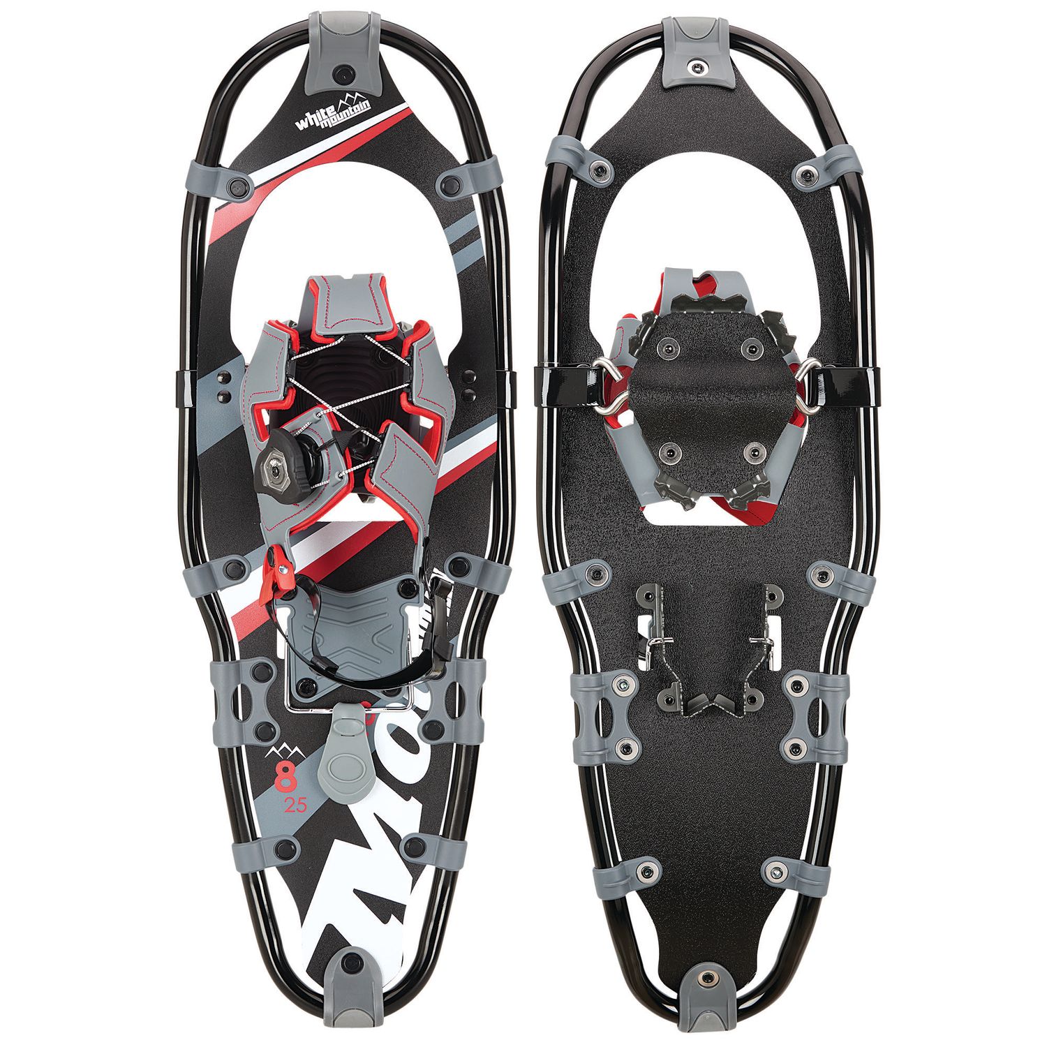 Black and red snowshoes with gray bindings and aluminum frame displayed side by side on white background.