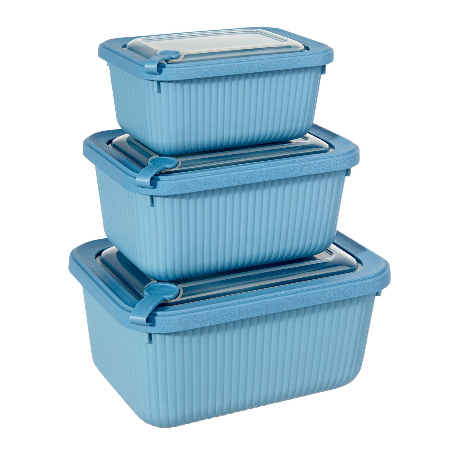 Set of 3 blue ribbed plastic food storage containers with locking lids, nested together in small, medium, and large sizes.