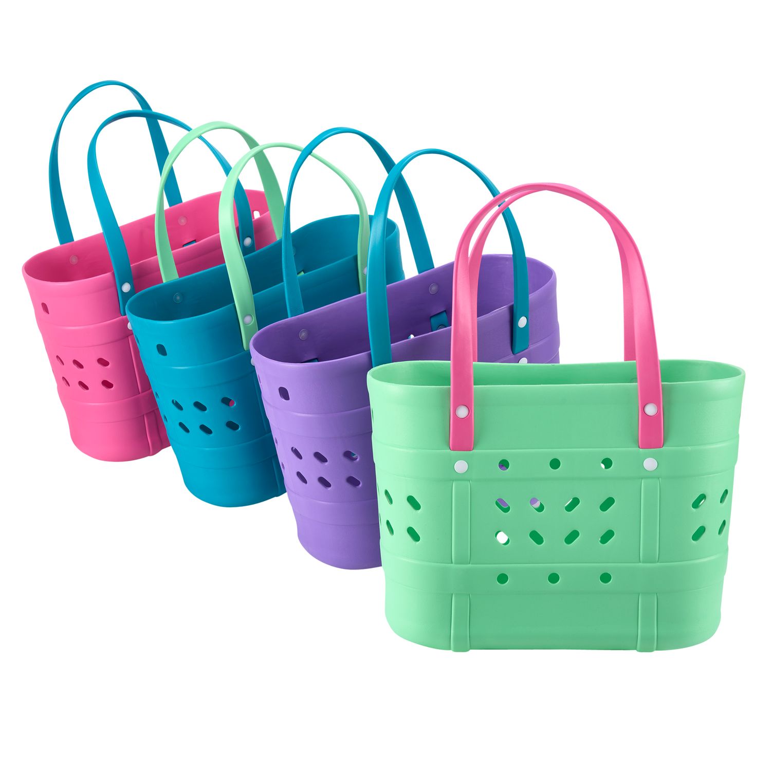 Four colorful rubber tote bags in pink, teal, purple, and mint green with contrasting handles and ventilation holes.