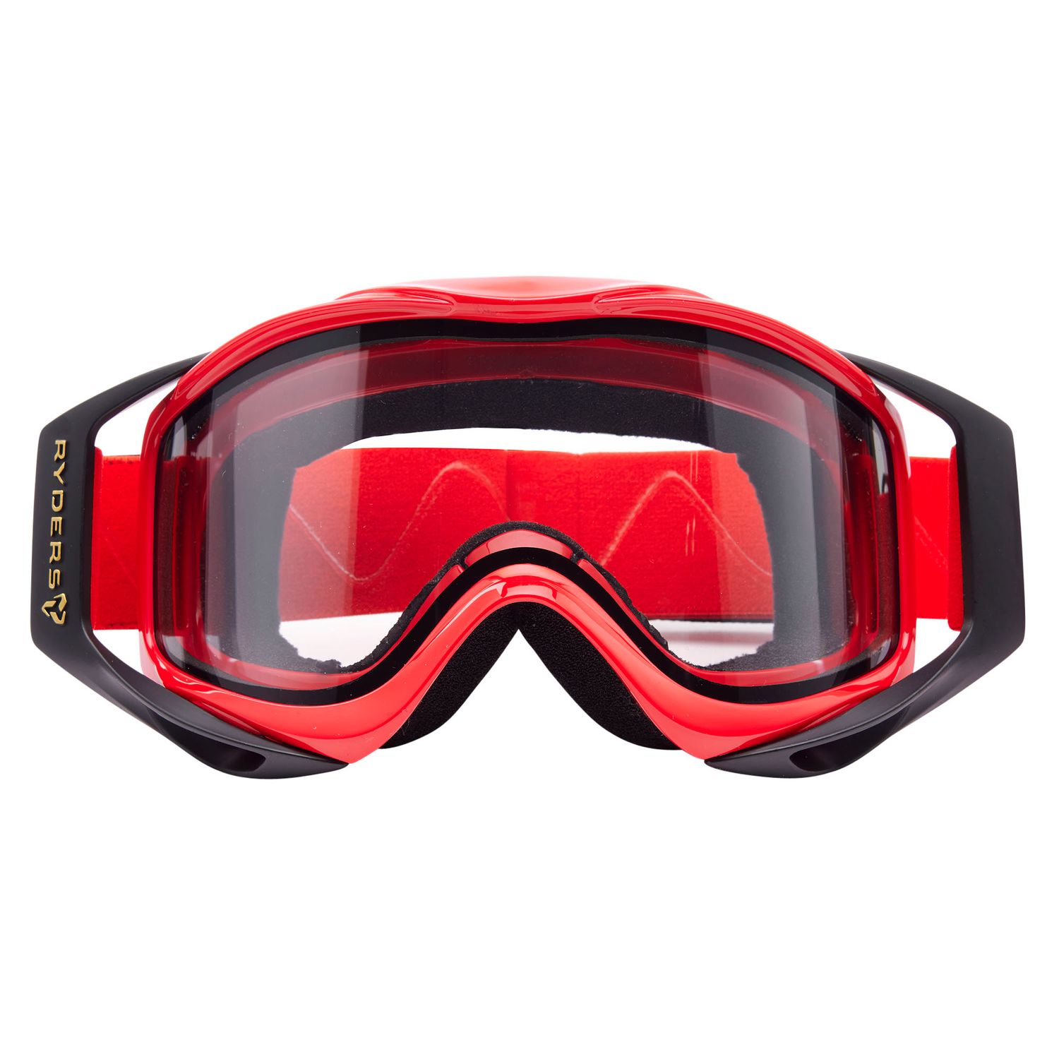 Red and black motocross goggles with clear lens and adjustable strap, ideal for off-road riding protection.